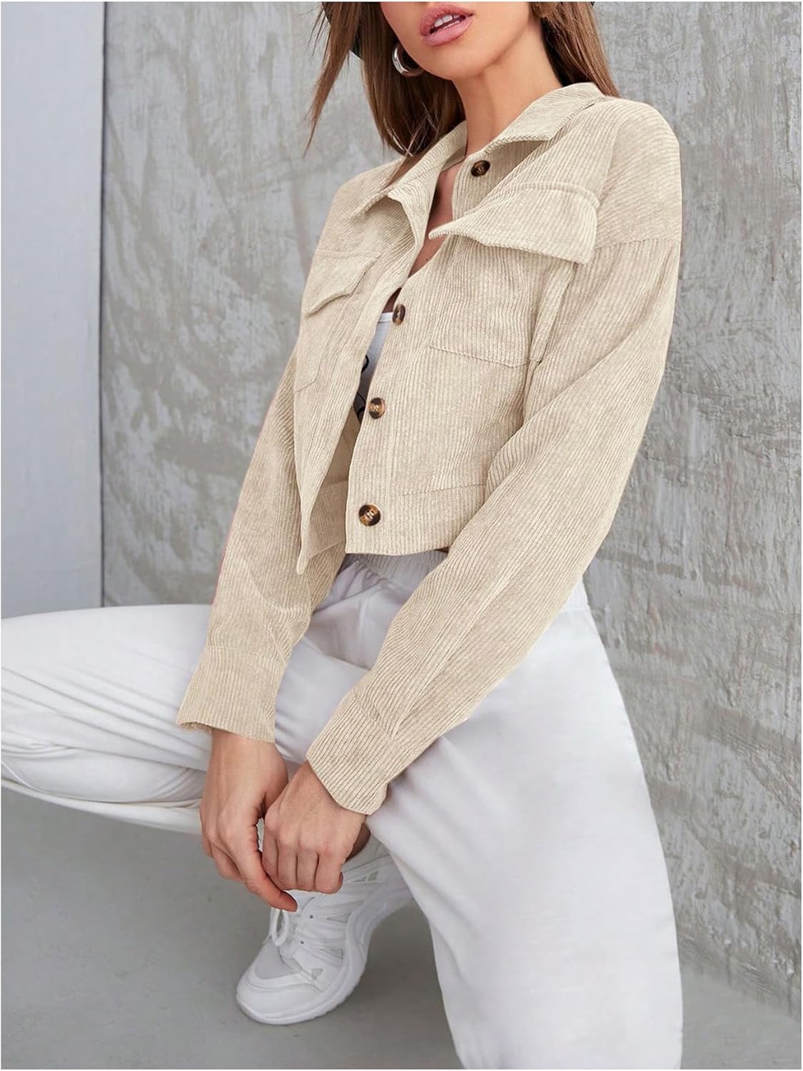 Verdusa Women's Corduroy Jacket Button Down Long Sleeve Drop Shoulder Crop Jacket Outwear - Image 3