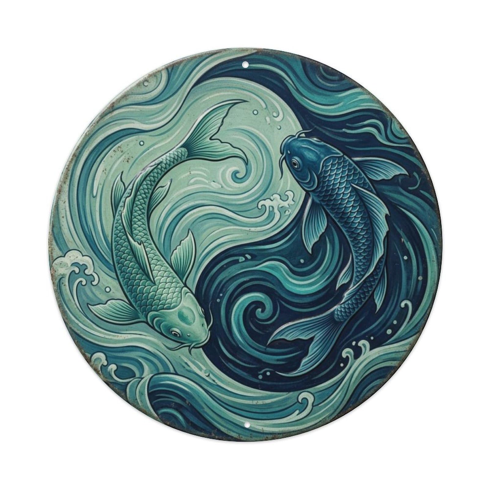 Fqcyn Style Ocean Deep Mystery Koi Yin Yang Metal Tin Sign Plaque Wall Decor For Cafe, Club Bar, Office, Home Garden Round Metal Poster 8X8inch