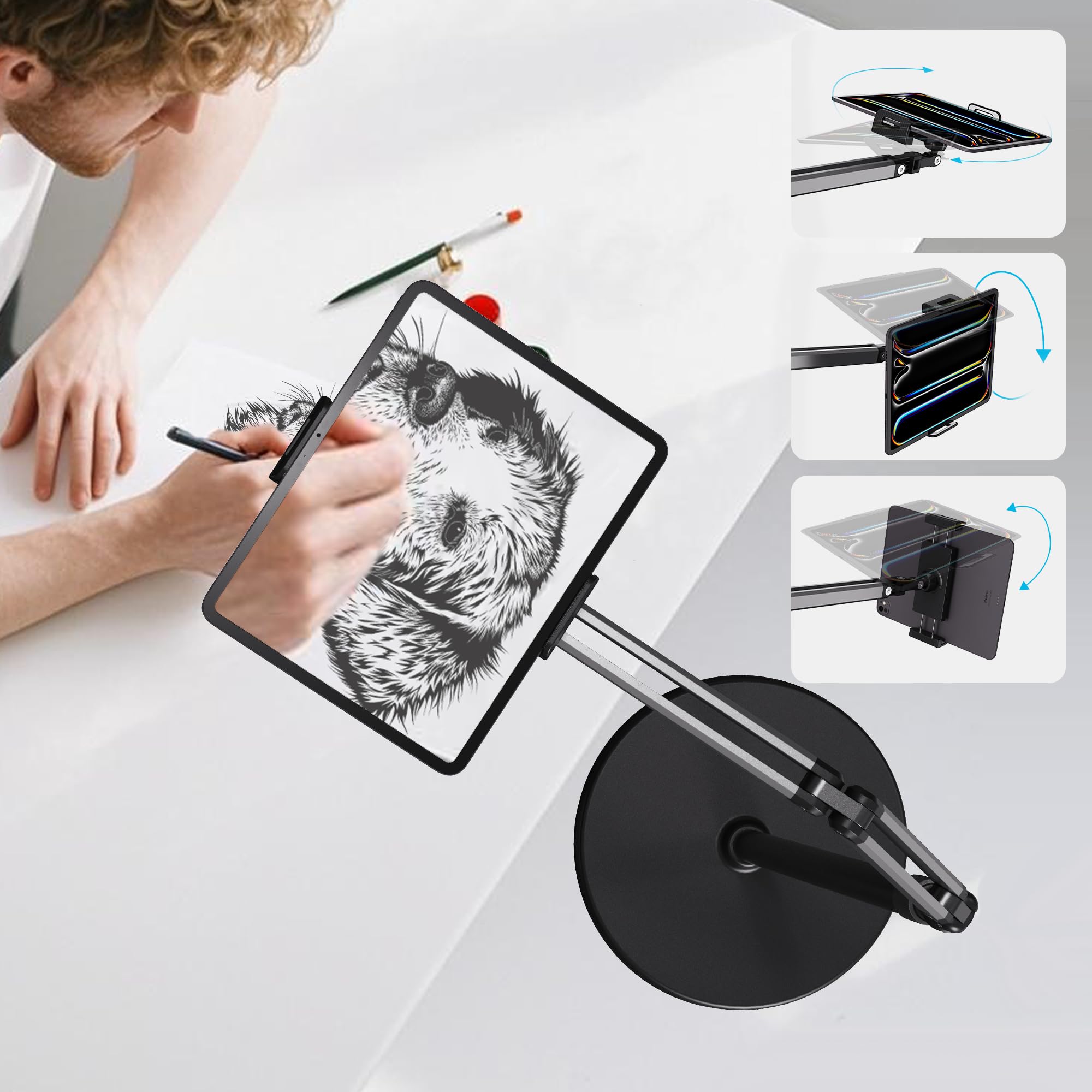 Tablet-Ständer, kompatibel mit iPad-Ständer, Kindle, Galaxy Tab, verstellbare Höhe, Handy-Halterung mit ultra-langem Verlängerungsarm, 360° drehbar für Bett, Meeting, Vlogging