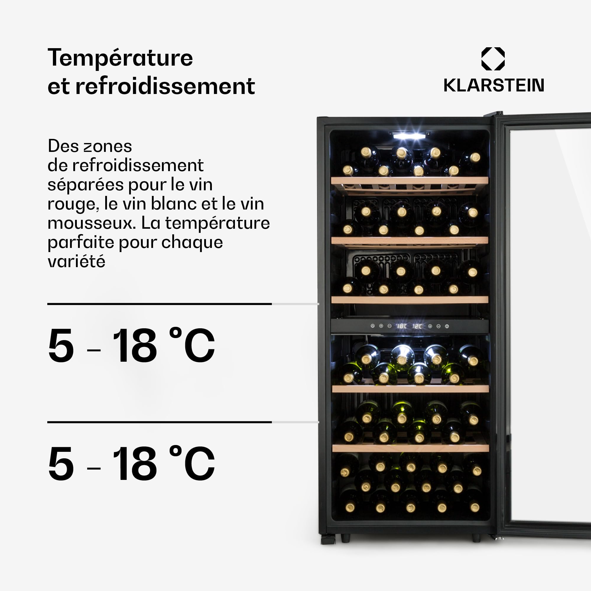 Klarstein Cave a Vin, Réfrigérateur à Vin avec Porte en Verre, Cave à Vin de Vieillissement, Prosecco, Bière, Ecran Tactile, Réfrigérateur Bar, Frigo, Protection UV, 5-18°C, 102 Bouteilles