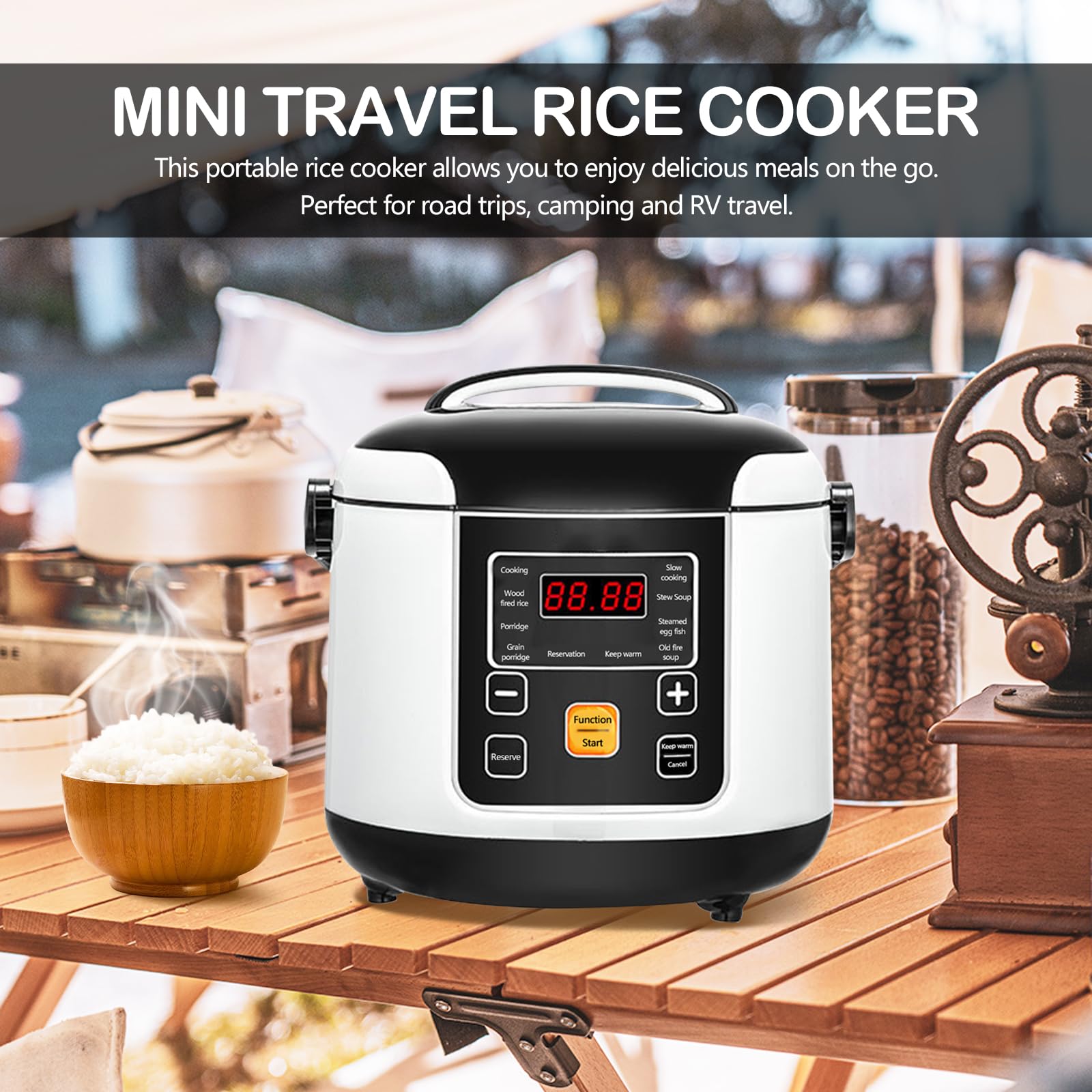 Cuociriso Per Auto, 200w 12v/24v Piccolo Cuociriso Portatile Funzione Di Prenotazione 24 Ore Funzione Di Mantenimento In Caldo Per Cucinare Zuppa Di Riso E Porridge Capacità 2l