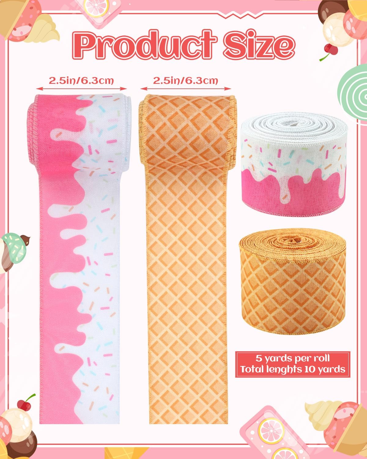 2 Rolls Ice Cream Cone Wired Edge Ribbon Summer Ribbons Pink Sprinkles Craft Fabric Ribbon 2.5" Wide 10 Yards Dessert Ribbons for Wreath Bow DIY Wrapping Bows (Pink)