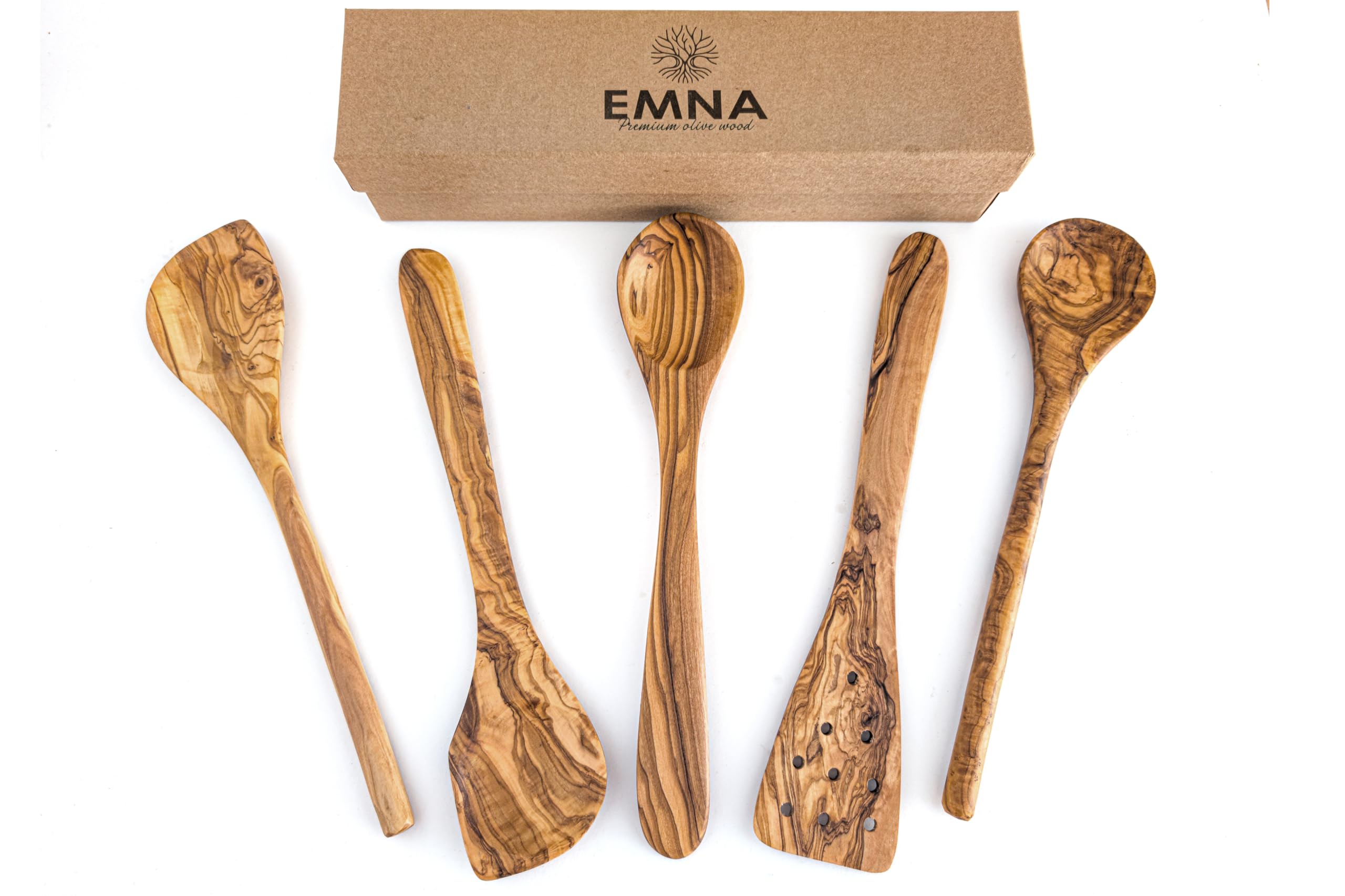 EMNA – Olivenholz Kochbesteck, Küchenhelfer Set Holz, 5-teiliges Küchenutensilien, Geschenkset Holz, Kochlöffel Olivenholz, Unikat Küchenzubehör, antibakteriell, Geschenkbox, Geschenk für Weihnachten
