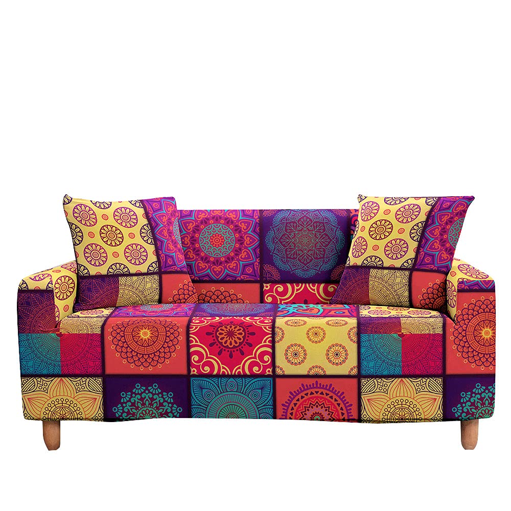 Surwin Sofa Slipcovers 1 2 3 4 Seater, 3D Mandala Printed Fabric Elastic Sofa Cover Universal Arm Stretch Sofa Covers Protector Couch Slipcover Furniture Protector (Patchwork,2 Seater (145-185cm))