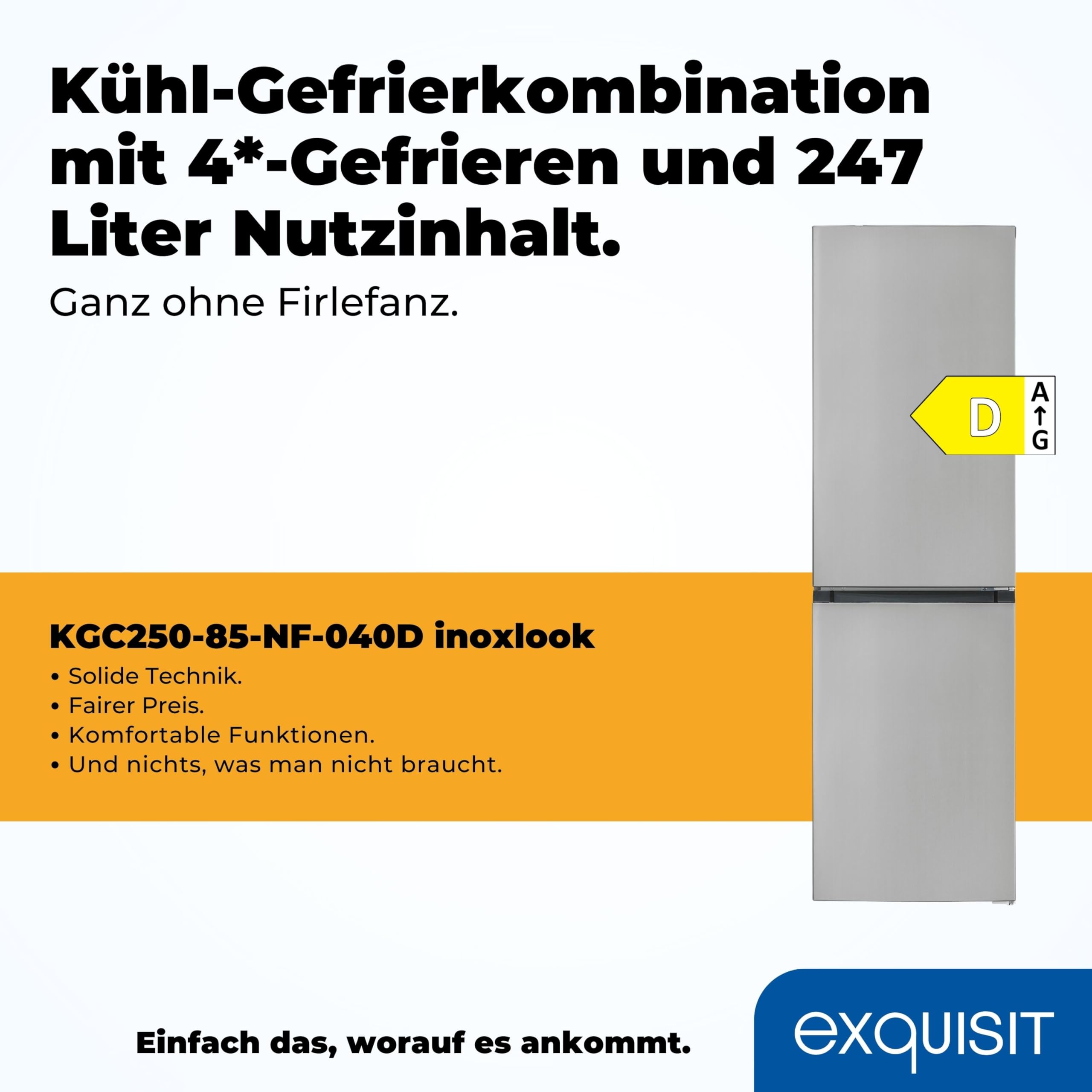 Exquisit No-Frost Kühl-Gefrierkombination - 247 L Kühlschrank Edelstahl | Leises 180 cm Standgerät mit 39 dB, 4-Sterne-Gefrierfach und No-Frost Technologie gegen Frostbildung im Gefrierbereich