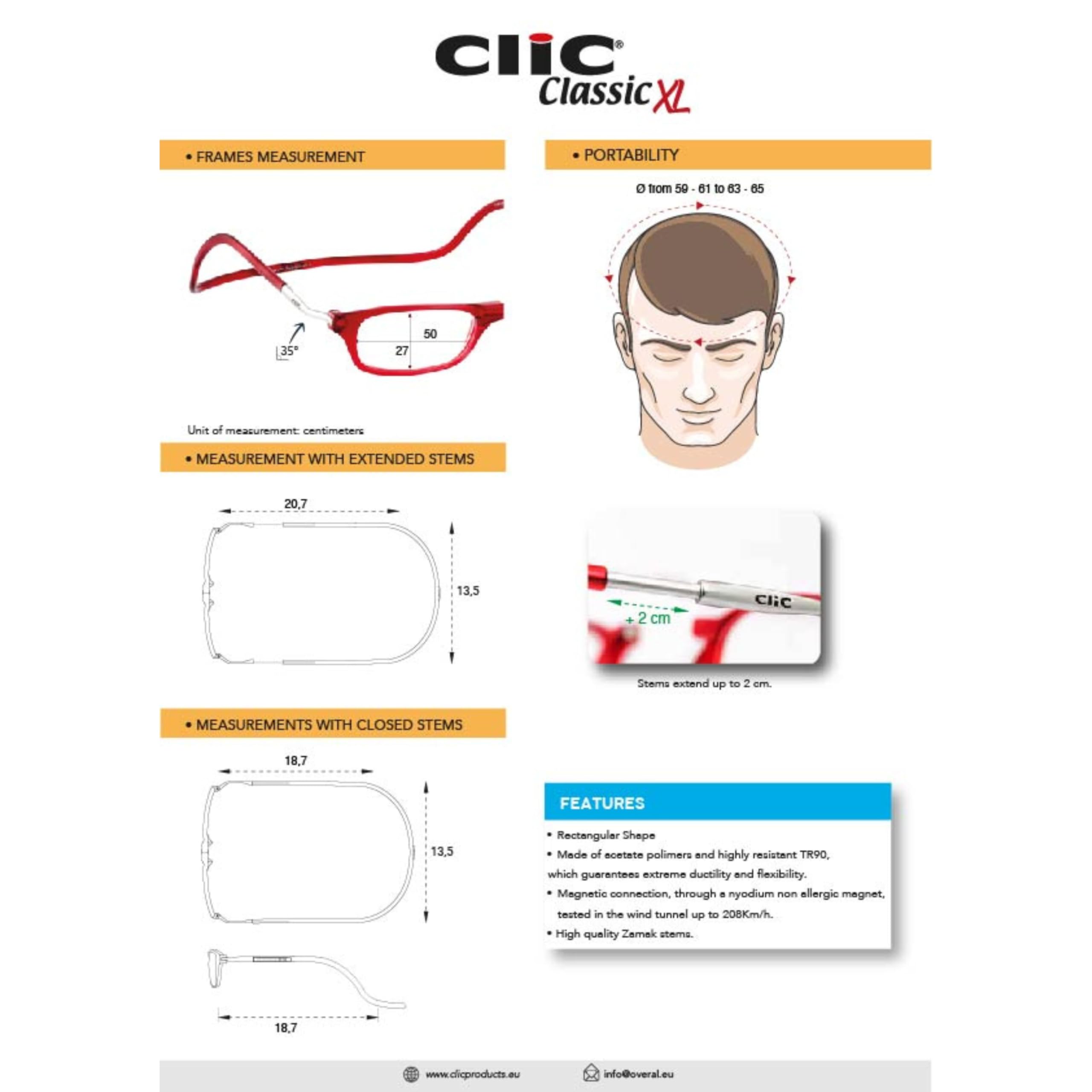 CliC Eyewear - Herren Lesebrille XL - Lesebrille mit Magnet - Polyamid TR90 - Flexible Single Vision