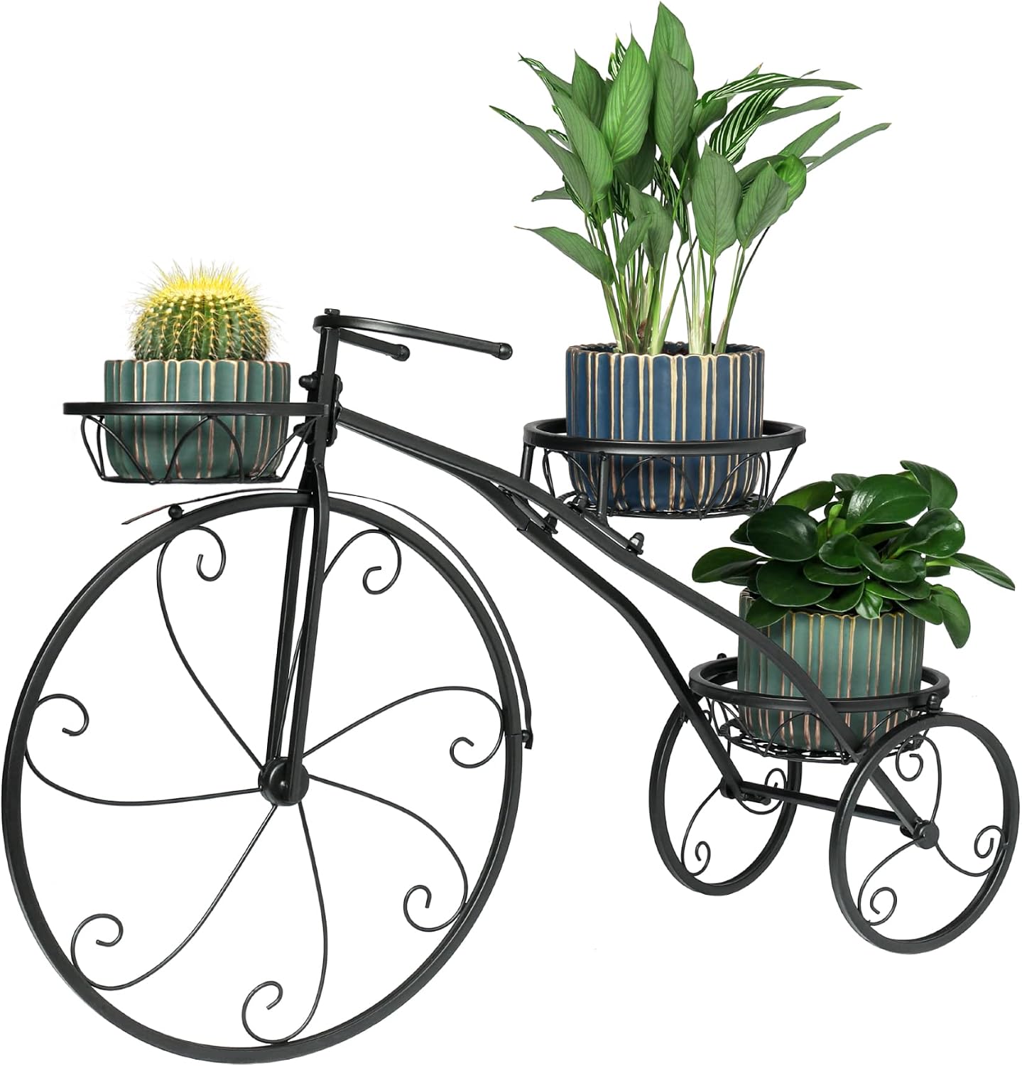 POTEY Tricycle Plant Stand - Flower Pot Cart Holder Ideal for Home, Garden, Patio, Indoor Outdoor Displaying Plants Flowers Great Gift for Plant Lovers, Housewarming, Parisian Style (Black)