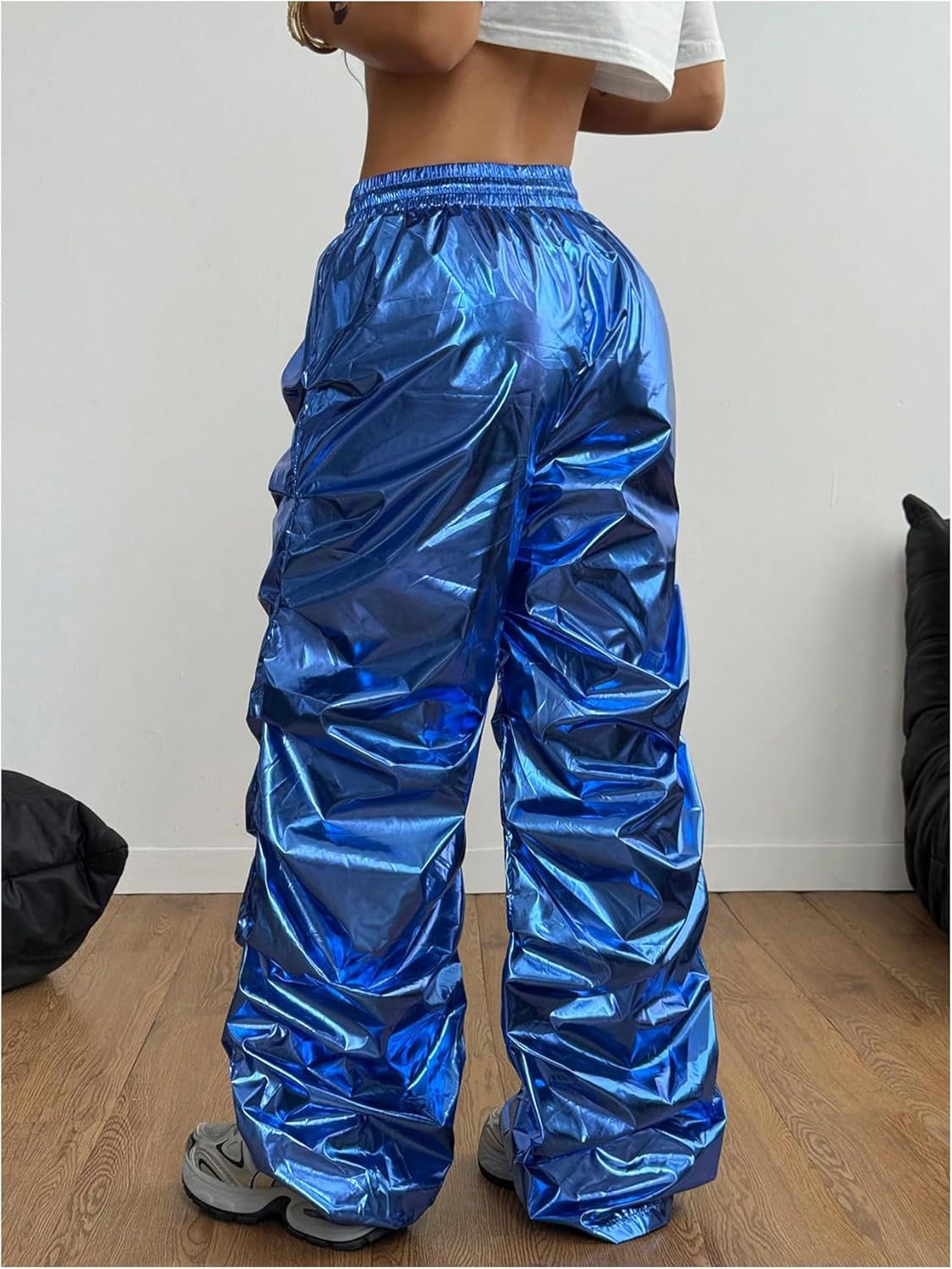 SHENHE Women's Y2k Metallic Cargo Pants Wide Leg Baggy Hip Hop Dance Rave Joggers Trousers - Image 2