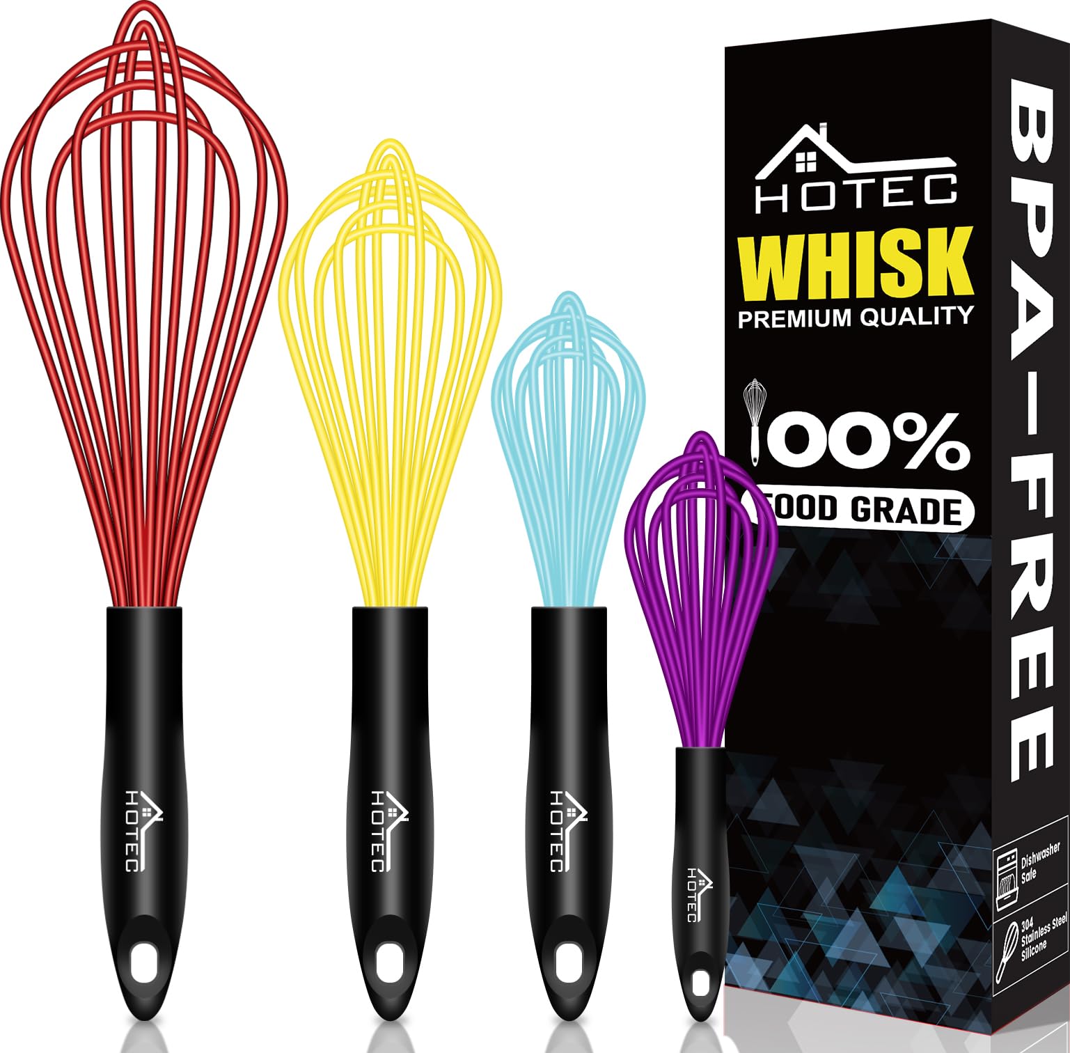 HOTEC 4 Pieces Silicone Whisks Set, Wire Balloon Whisks for cooking Egg Beater, Non-slip Handle Whisk for Non-stick Cookware Perfect for Cooking, Stirring, Beating and Blending,Multicolor