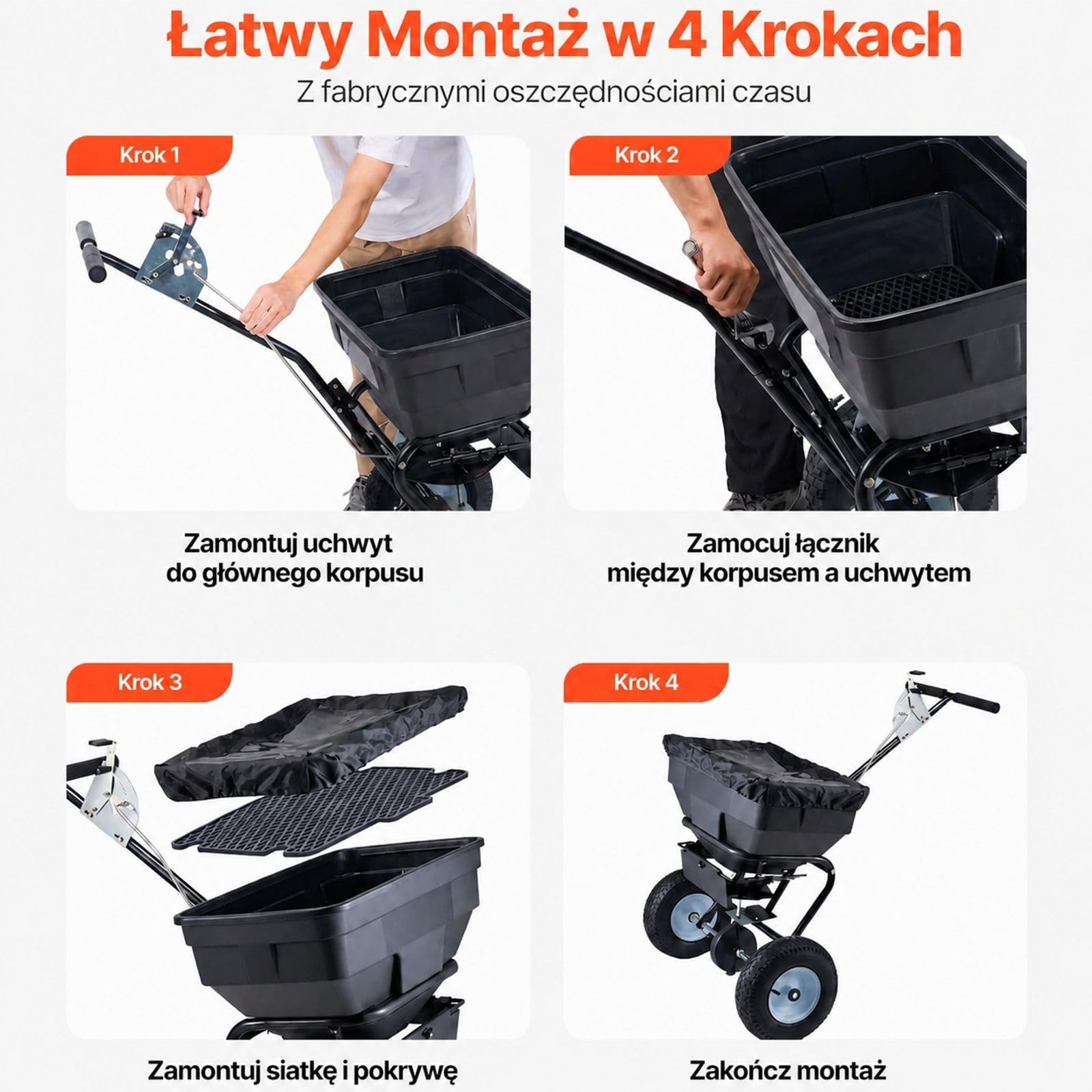 Siewnik odśrodkowy do nawozu i nasion, pojemność 45 kg, regulacja w 30 pozycjach, trapezowy zbiornik, stalowa rama i opony pneumatyczne