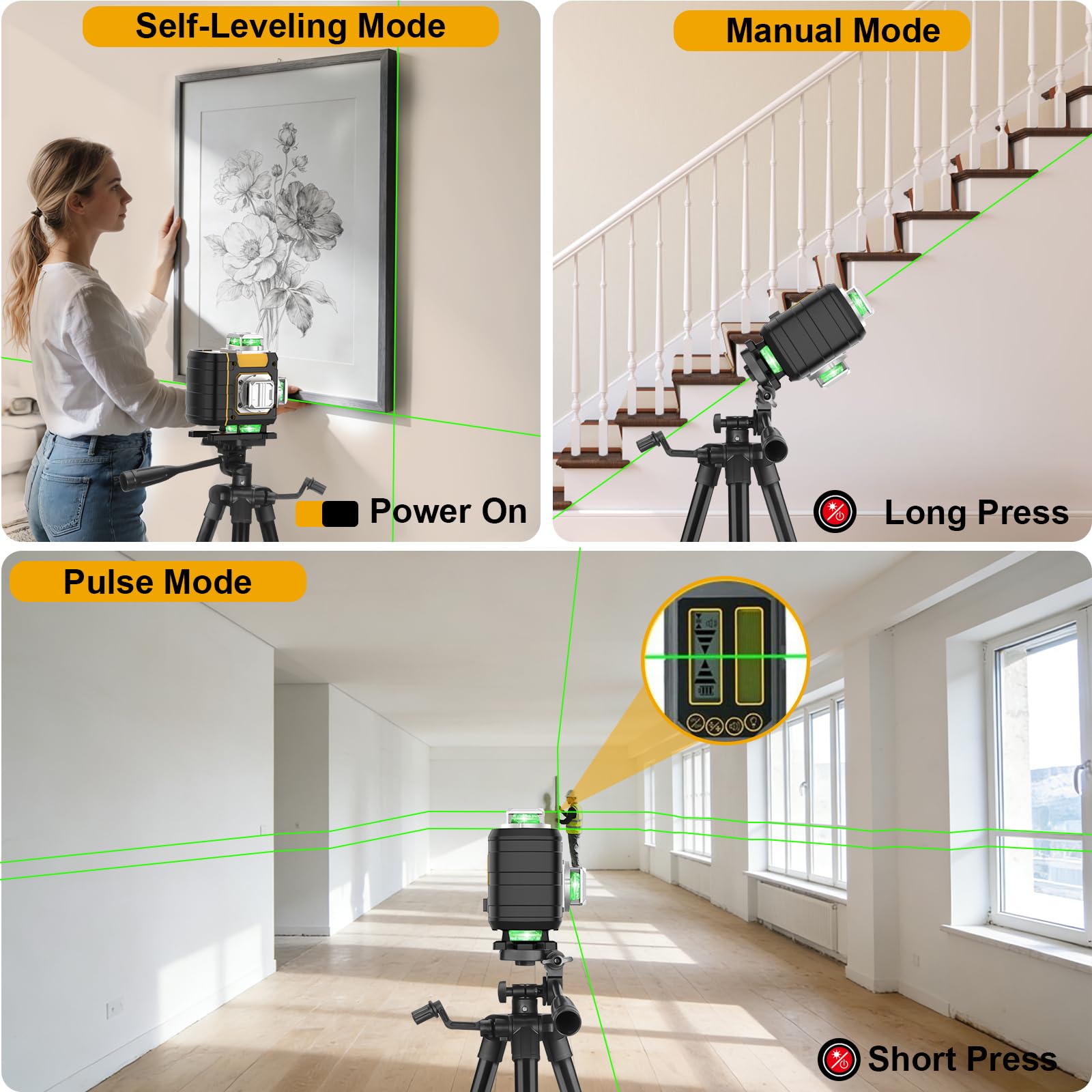Kreuzlinienlaser Grün 16 Linien Nivellierlaser mit stativ, 4 x 360 ° Laser wasserwaage, linienlaser kreuzlaser selbstnivellierend für Innenbereich Baustelle, 2 x Batteriem, Für Inneneinrichtung/DIY