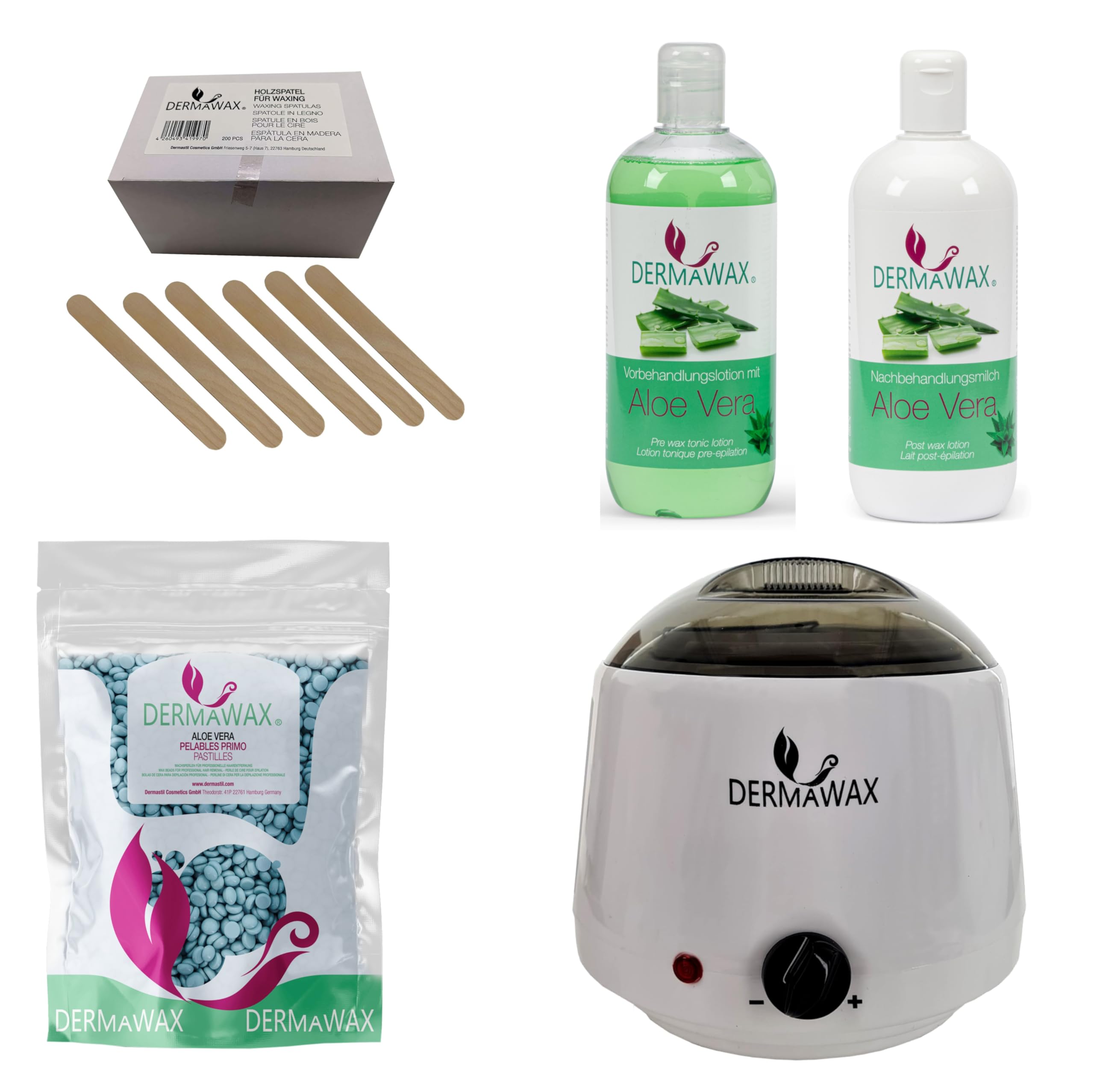 Dermawax Profi Waxing Set- 1000 ml Wachsgerät- Made in Spanien- 1 kg Aloe Vera Wachsperlen- 500 ml Aloe Vera Vorbehandlungslotion- 500 ml Aloe Vera Nachbehandlungsmilch 200 Stück Holzspatel