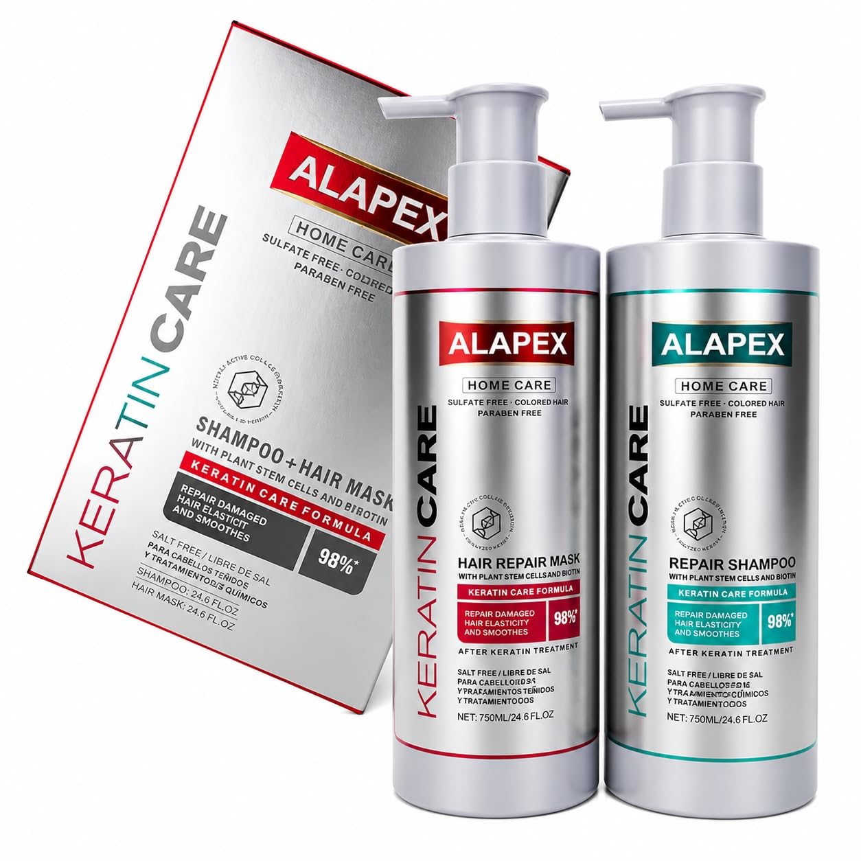 Tratamiento Keratina REPARADOR Champu Keratina + Mascarilla Capilar con Celulas MADRE Vegetales, Formula de Proteina de COLAGENO con QUERATINA para Alisar. SIN Sulfatos ni Sodio ni Parafina