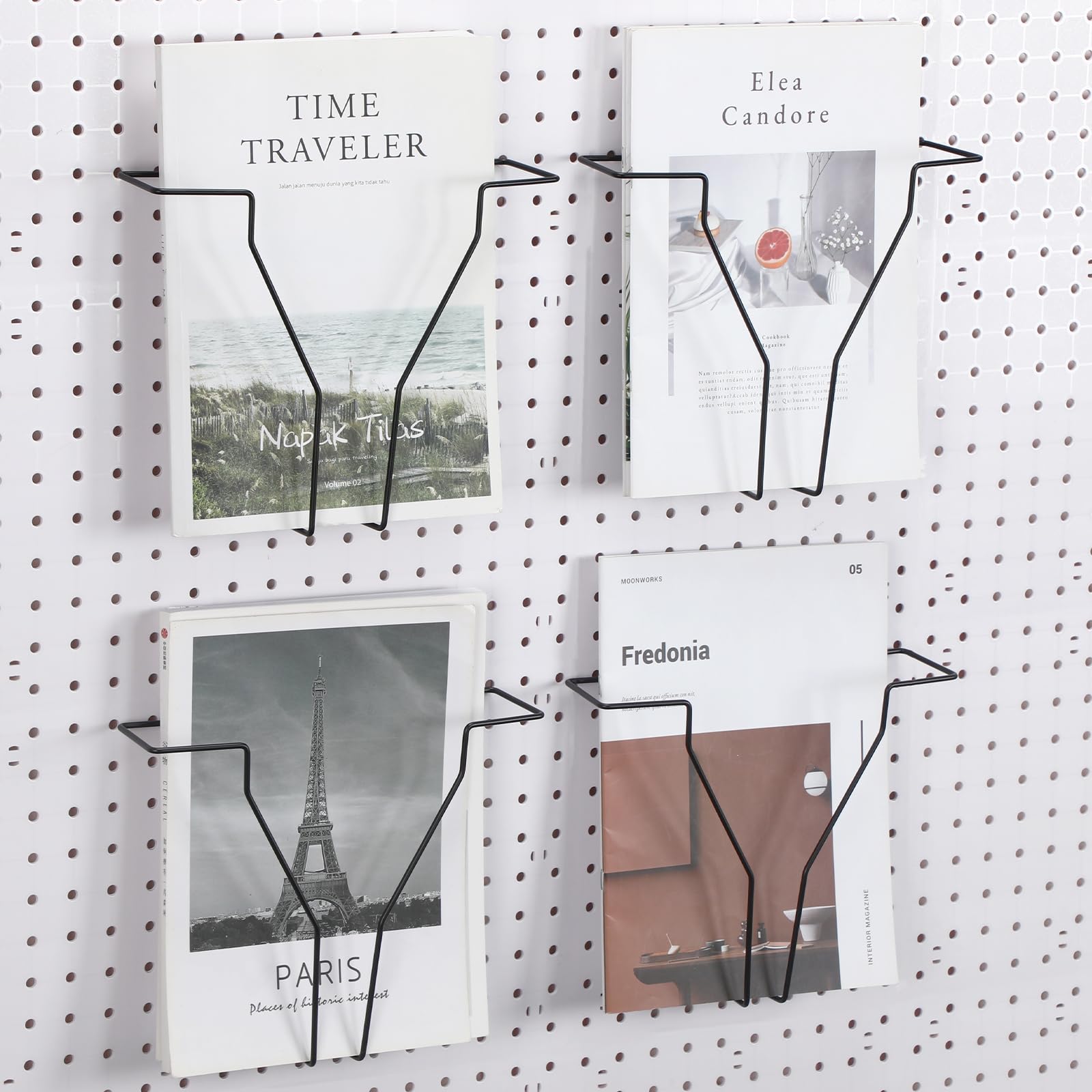 Photo 1 of Wonderjune 4 Pcs Expandable Literature Display for Pegboard, Adjustable Width Metal Wire Magazine Holder Pegboard Shelf Hooks Accessories for Exhibitions Trade Show and Office Retail Store(Black)