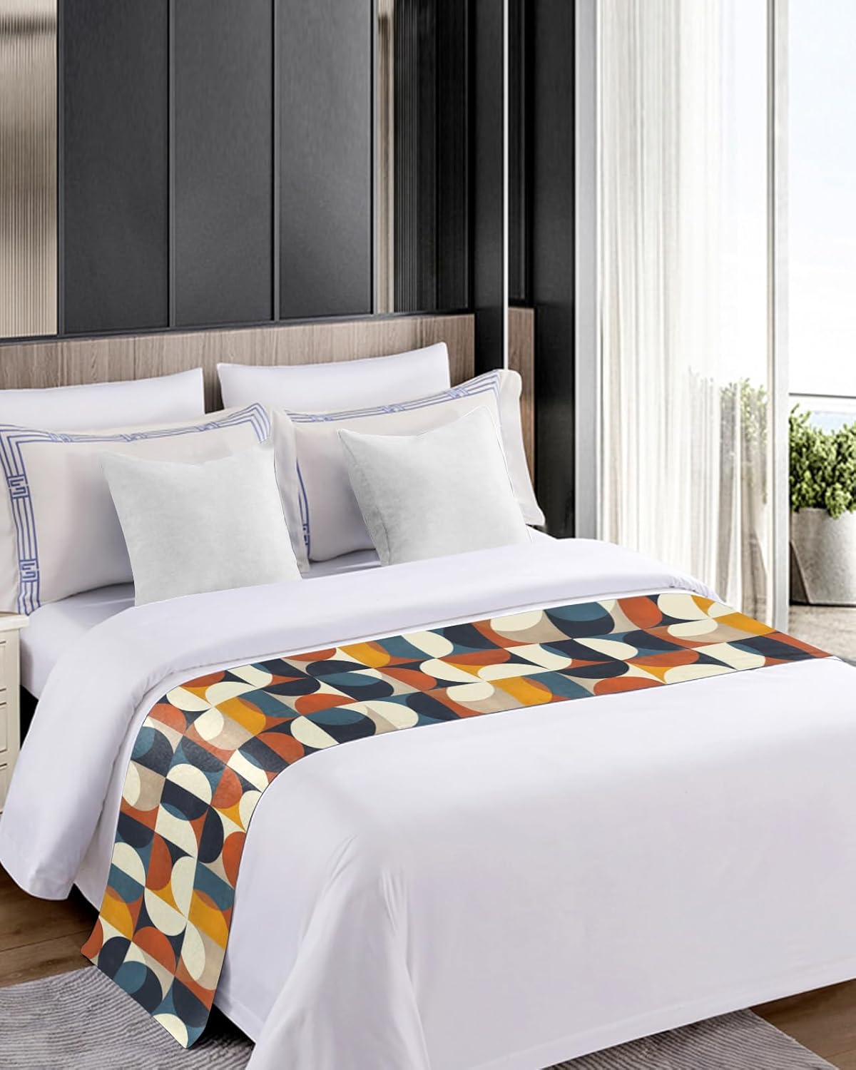Bed Runner Scarf, Retro Middle Ages Abstract Geometic Orange Blue Pattern King Bed Bedding Scarves Cover Decorative Bed Scarf for Home Hotel Guesthouse Bedroom Wedding Room Guestrooms 71"x20"