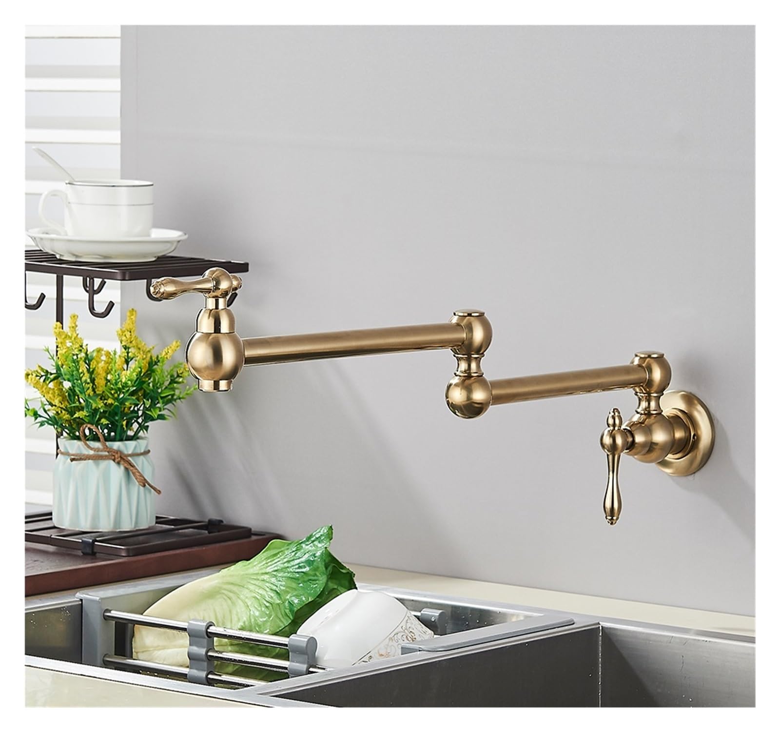Grifo de llenado de ollas de latón dorado cepillado, grifo de cocina de agua fría individual, grifo de fregadero montado en la pared, caño plegable giratorio, instalación Simple (Color : Brushed Gold