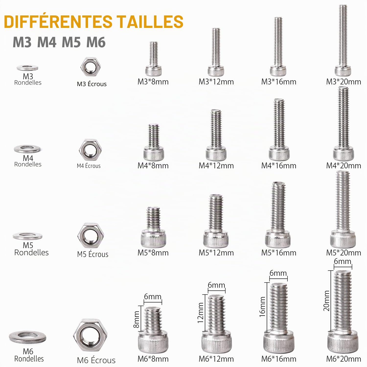 Kit 520PCS M3 M4 M5 M6 en Acier inoxydable Bouton à tête hexagonale Socket Tête Câble Boulons Vis avec écrous Assortiment - Vendu Par VIGRUE (Kit 520PCS)