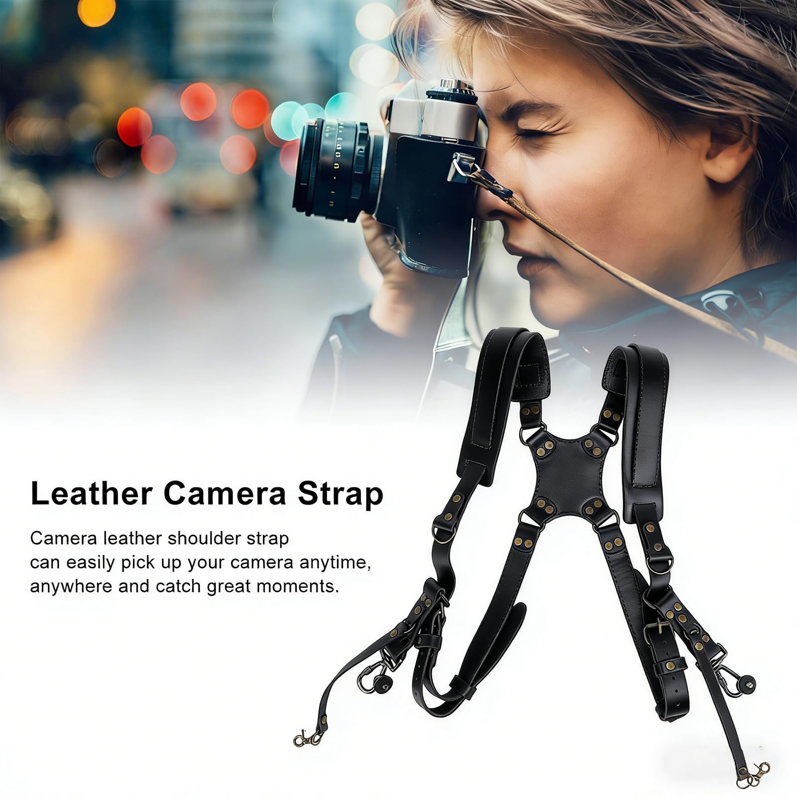 Harnais Appareil Photo Professionnel, Longueur Ajustable Bandoulière Double pour Appareil Photo, Cuir Sangle de Sac à Dos Deux Caméras DSLR/SLR, Unisexe Photographe