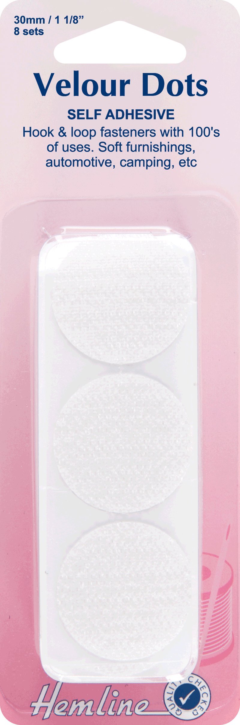 Hook & Loop Dots: Stick-On: 8 sets of 30mm: White . SUPPLIED BY DOWNTON FABRICS AND CRAFTS.
