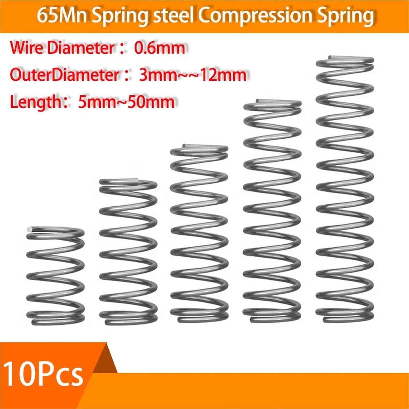 65Mn Druckfeder Durchmesser 0,6mm Zylindrische Spule Rückholdruckfeder Durchmesser 3mm bis 12mm 10PCS(5mm,7mm (10Pcs))