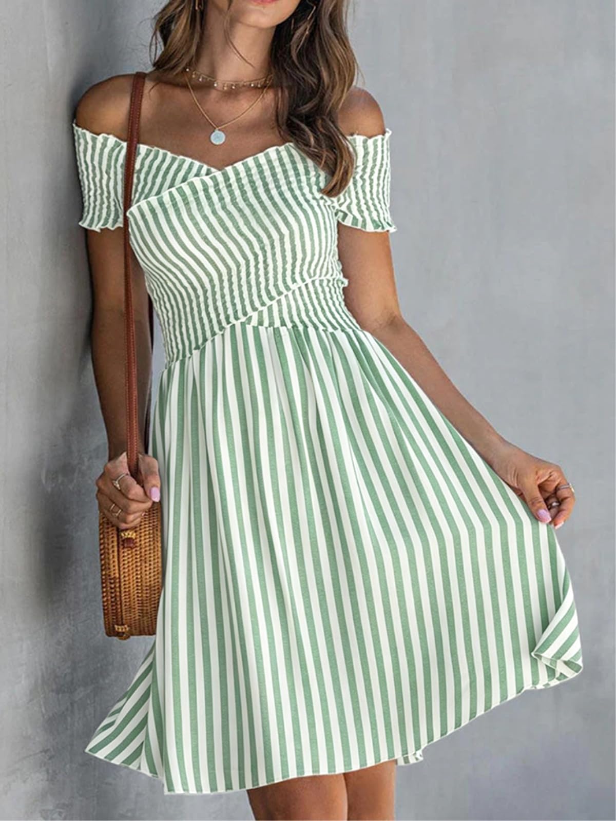 Abito Donna Nuova Estate Manica Corta Chic Mini Primavera A Righe Stampa Linea Vestito da Festa Sexy Criss-Cross Fuori Spalla Boho Abito-05 Gray-l
