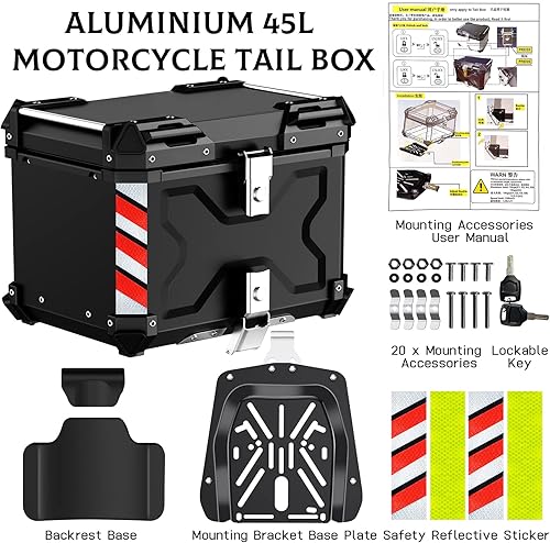 Miniatura 6 de Maleta superior de motocicleta de 45 L, calidad premium Caja de aluminio resistente con cerradura de seguridad para guardar el equipaje del casco,