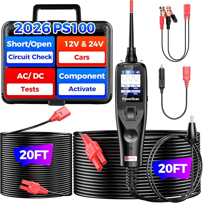Autel PowerScan PS100, probador de sonda de circuito de alimentación automotriz de 12-24 V 2.0 | Herramienta de búsqueda de interruptores cortos abiertos eléctricos 2026, verificación de resistencia del relé de corriente de voltaje CA/CC, prueba de luz de remolque, cables de 40 pies