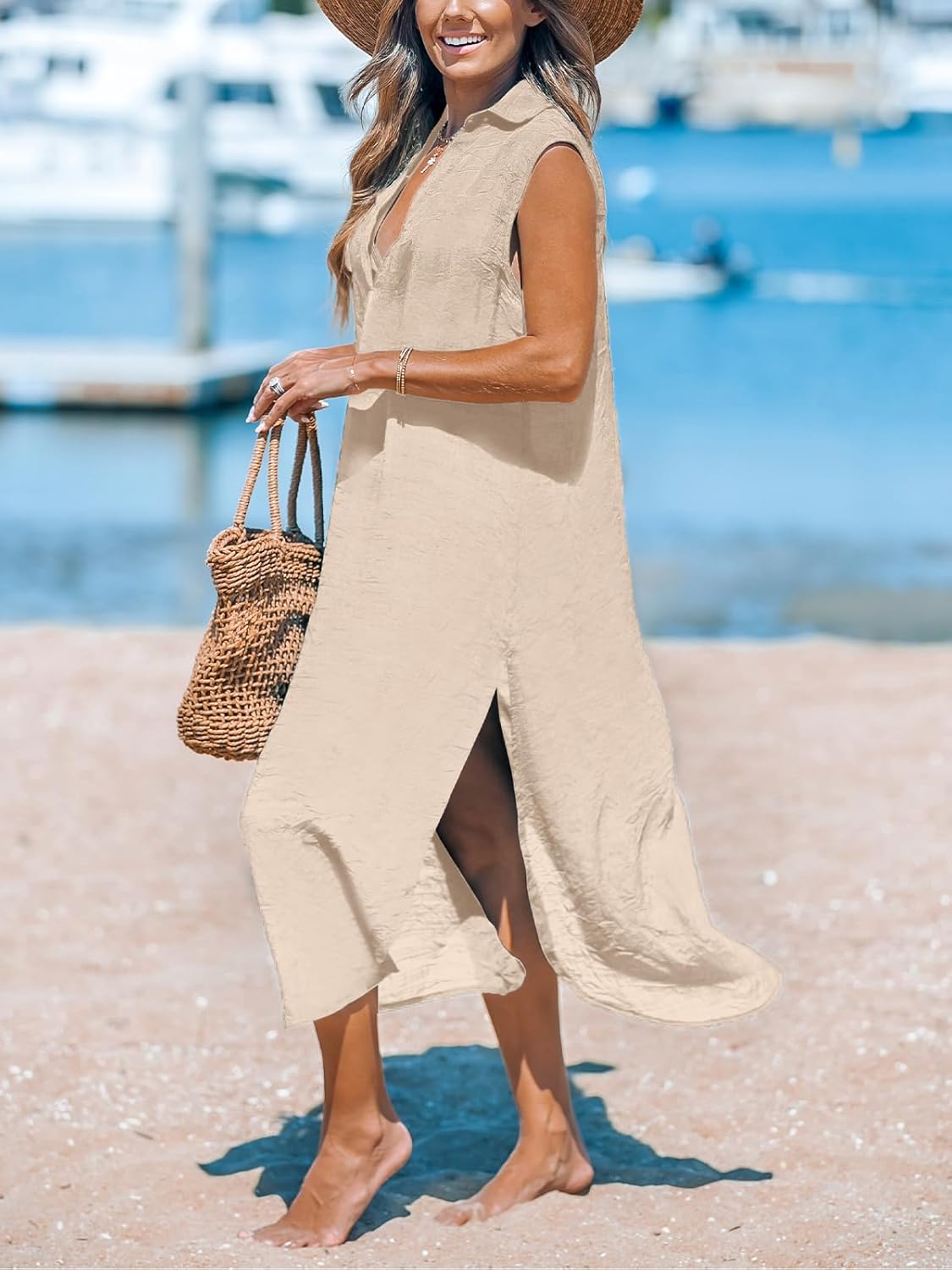 CUPSHE Women's Swimsuit Coverup Casual Sleeveless Side Split Long Cardigans V Neck Midi Beach Dress - Image 3