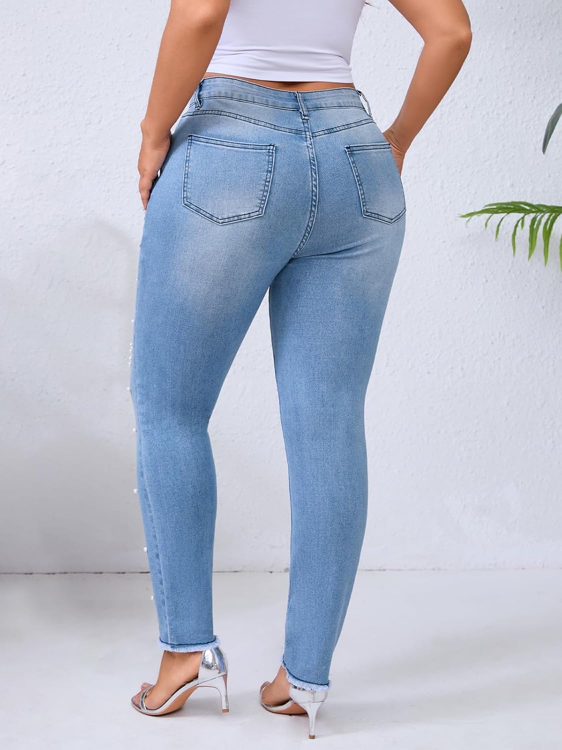 LifeShe Pearl Jeans for Women Skinny Stretchy Sexy Mid Rise Fringe Colombian Denim Pants with Embellished