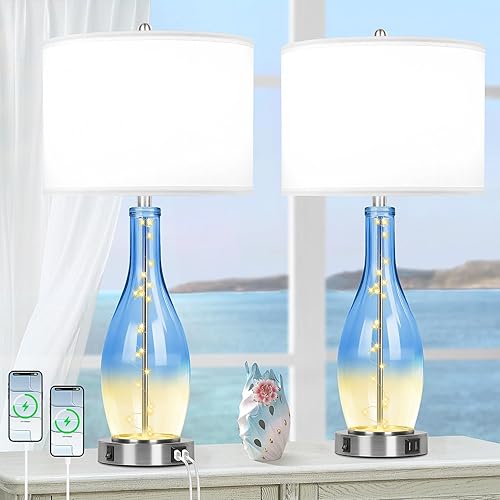 Vista 10 de BesLowe Juego de 2 lámparas de mesa de cristal de 26 pulgadas de alto con 2 puertos de carga USB y luz nocturna LED, lámparas de mesa costeras