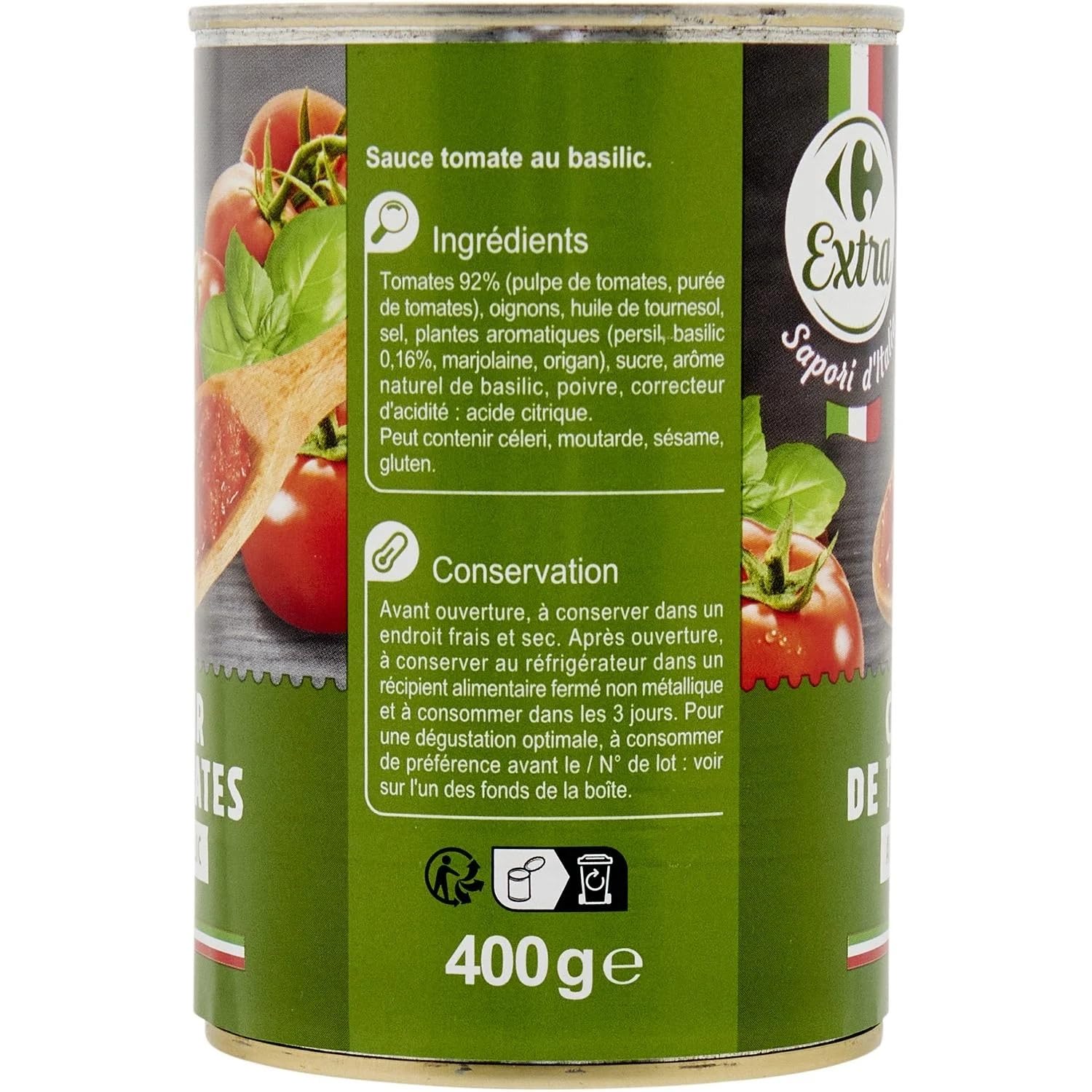 CARREFOUR EXTRA - Sapori D'italia - Chair de Tomates au Basilic · Idéale pour les Sauces Maison et les Plats Mijotés · Tomates Italiennes - La Boîte de 400g - Le Lot De 4