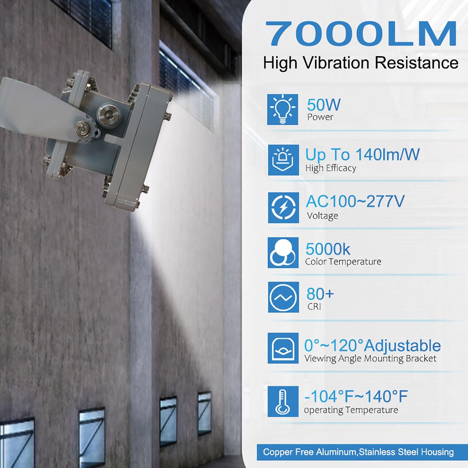 50W LED Explosion Proof Light, 7000LM Dimmable Class I Division II Hazardous Locations Industrial Luminaires Warehouse Lighting Fixture, UL844 Certified High Bay Floodlight, 100-277V, IP66 Waterproof