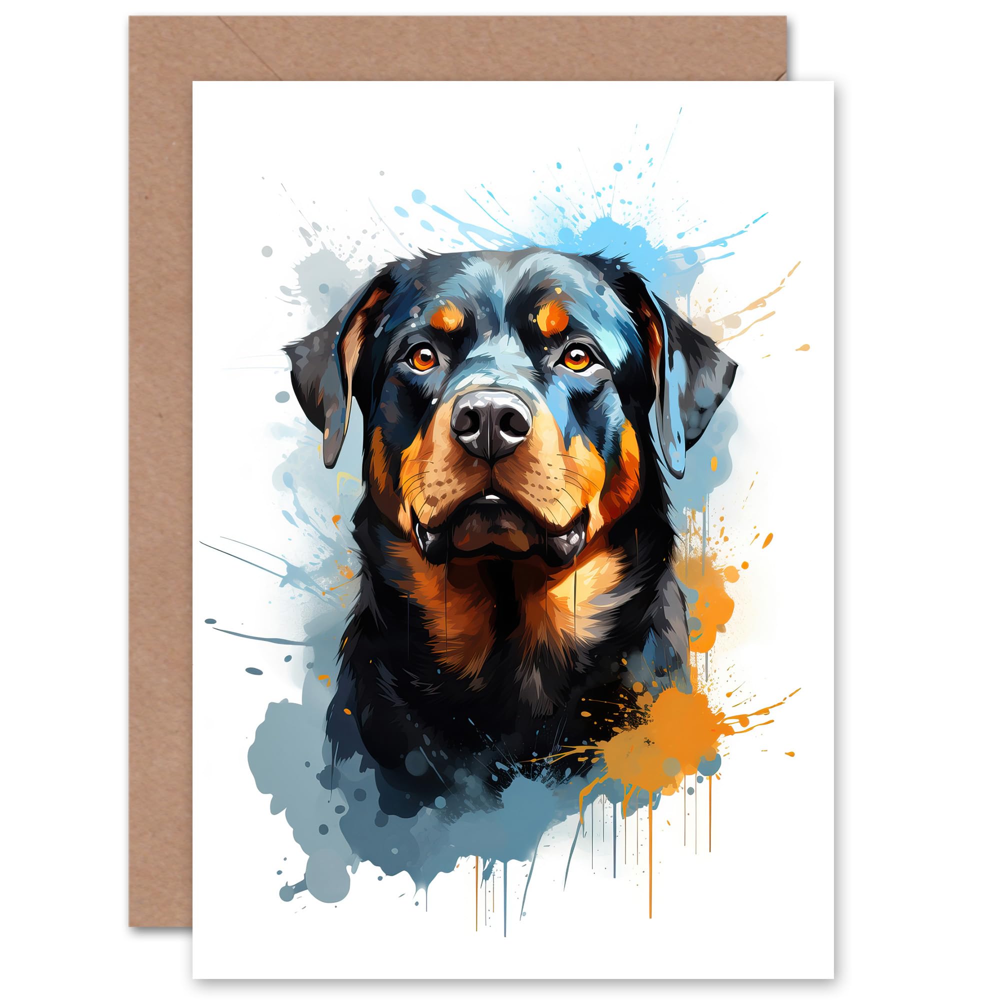Artery8 Rottweiler Lovers Gift Watercolour Pet Portrait Painting Artwork Sealed Greeting Card Plus Envelope Blank inside