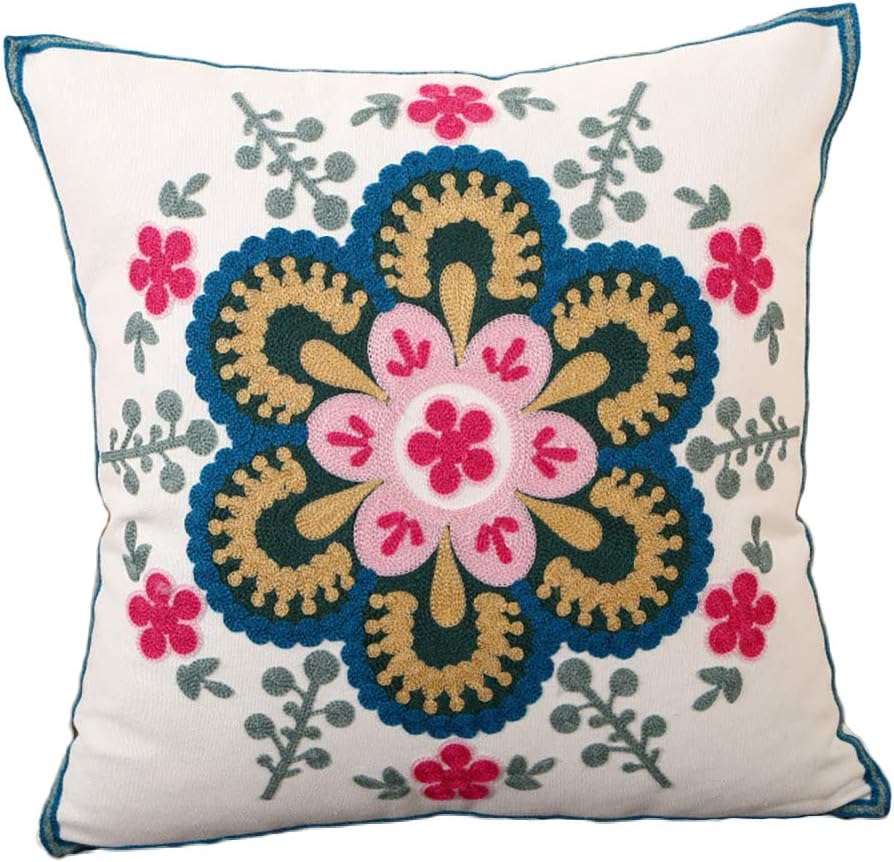 Bigcozy Square Bohemia Embroidered Throw Pillow, Exotic Exquisite Stereoscopic Cotton Throw Pillow Cover Indian Decor Sofa Cushion Cover Pillow Case 20"x20"