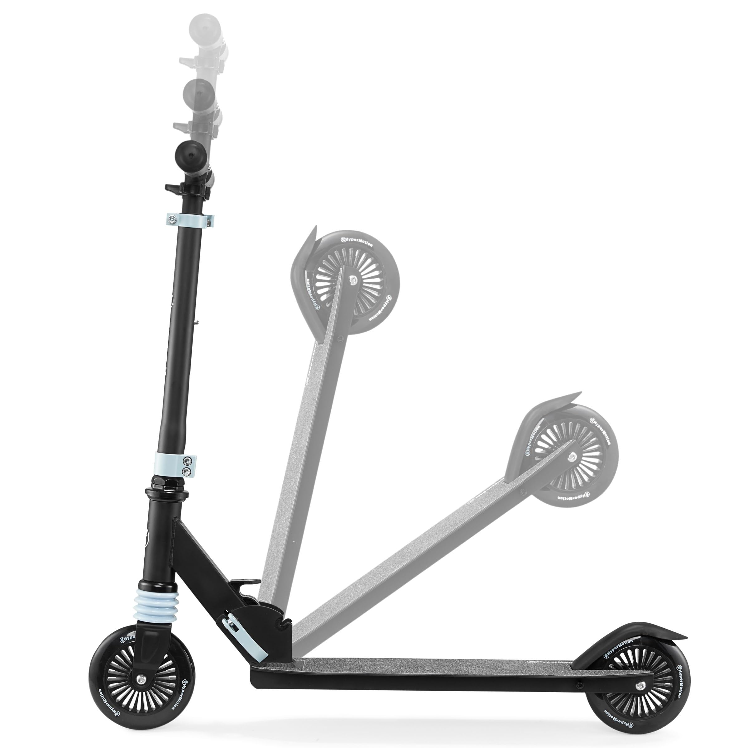 HyperMotion Monopattino Bambini Pieghevole, Modello Wally a Spinta con Ammortizzatore Anteriore, Manubrio Regolabile e Ruote 125 mm, Monopattino 2 Ruote per Bambini 4+ Anni, Nero e Blu