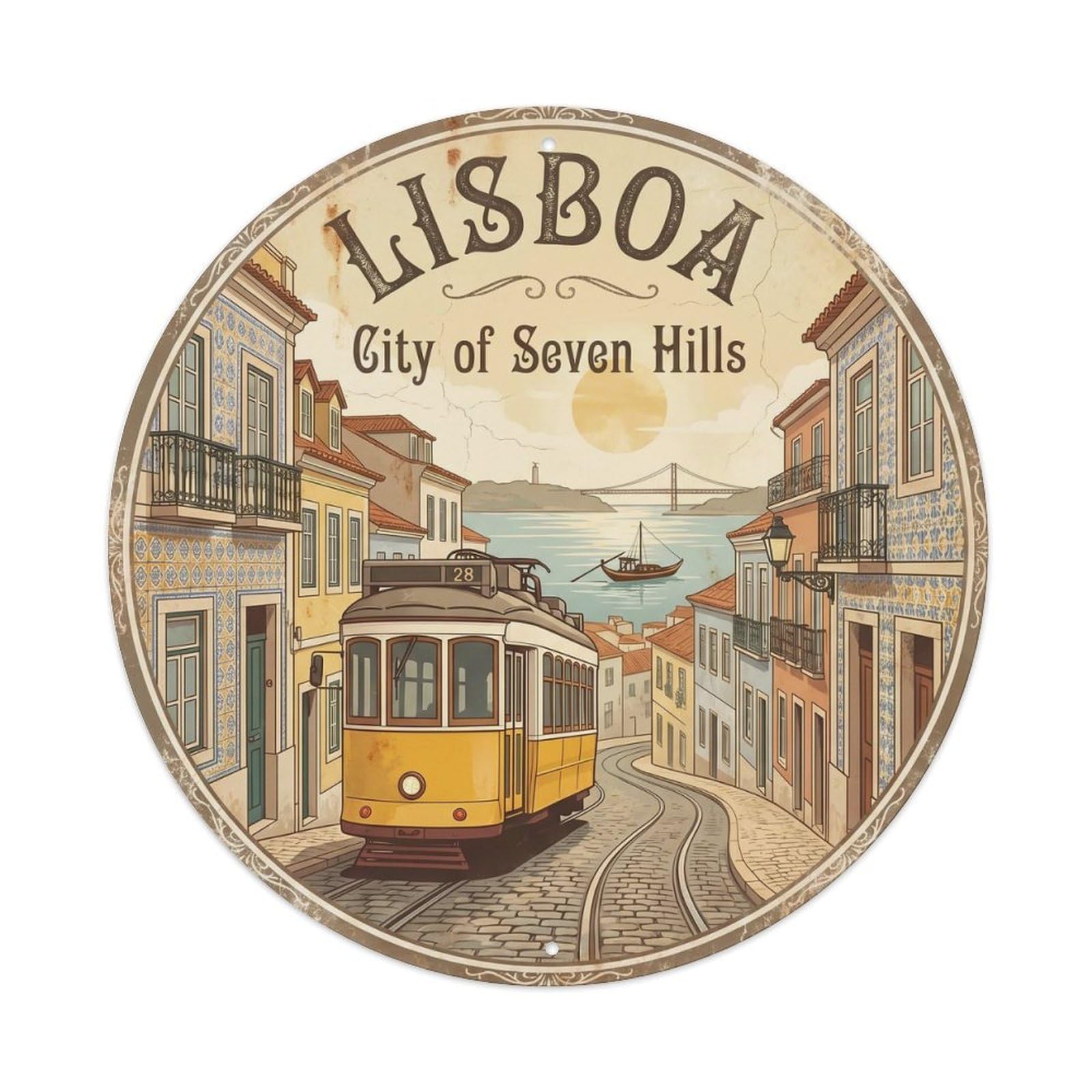 Vintage Travel Lisbon Tram Hilltop Metal Tin Sign Plaque Wall Decor for Cafe, Club Bar, Office, Home Garden Round Metal Poster 8x8Inch