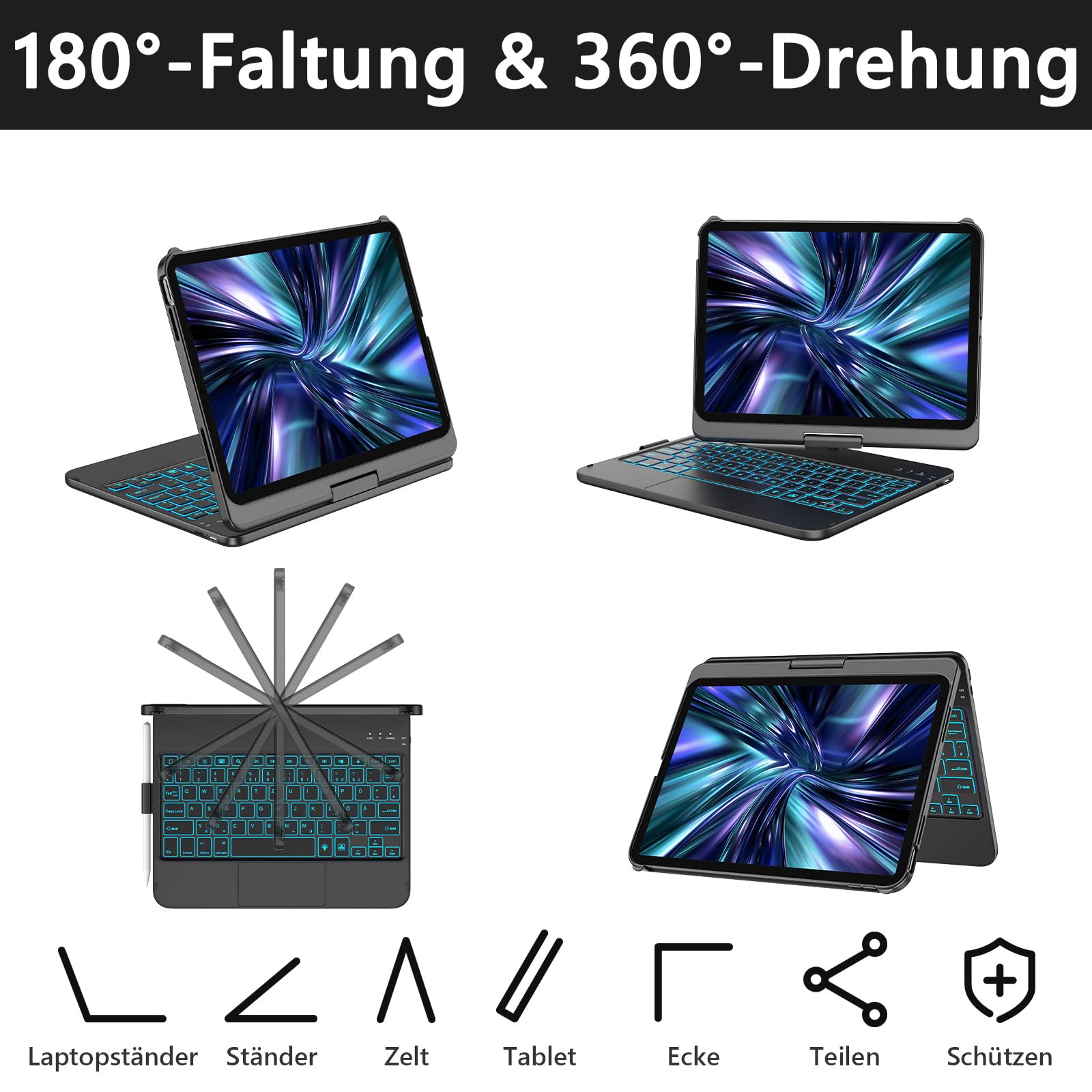 KBCASE Bluetooth Tastatur Schutzhülle für iPad 10. Gen 2022 10,9 Zoll, iPad 11. Gen 2025 A16 11 Zoll, mit Touchpad, QWERTZ, 360°-Drehung, 7- Farbige Hintergrundbeleuchtung (Mitternachtsschwarz)