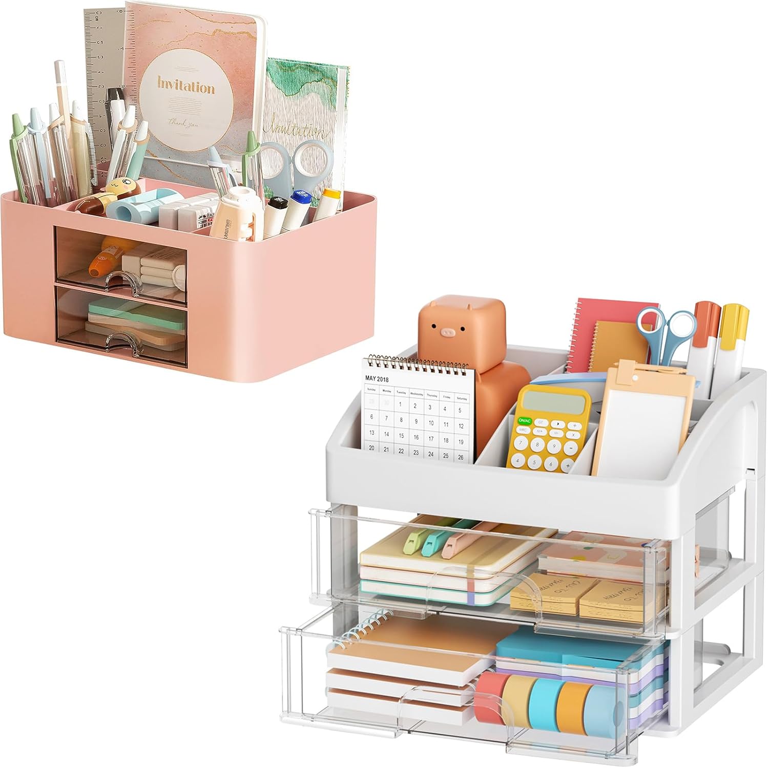 Marbrasse Pink Pen Organizer with 2 Drawer + Desk