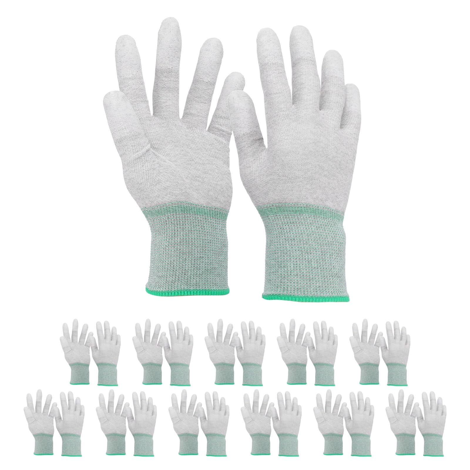 sourcing map 12Set ESD Anti-Static Gloves Electrostatic Protective Gloves Coated Fingertip Grey Carbon Fiber Medium Size for Computer Installation, Building & Repair, Green