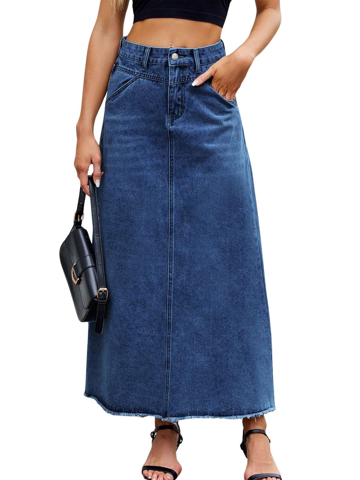 ebossy Womens Casual Washed High Waist Exposed Scratch Frayed Hem A-line Long Jean Skirts with Pockets