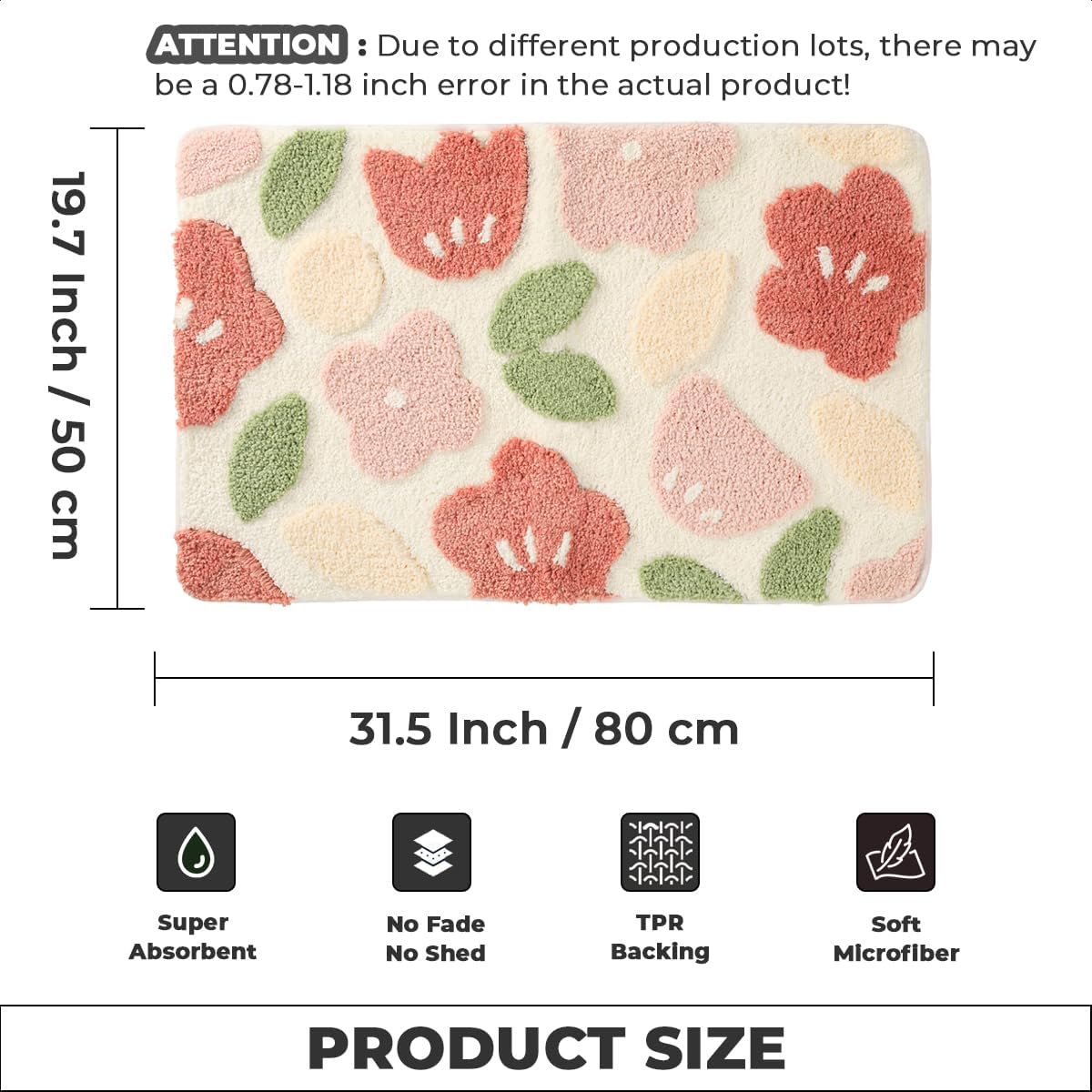 Floral Bathroom Mat Cute Absorbent and Non Slip Bath Rug Machine Washable Bath Rug for Dining Room, Kitchen and Living Room (31"x20", Flowers and Leaves)