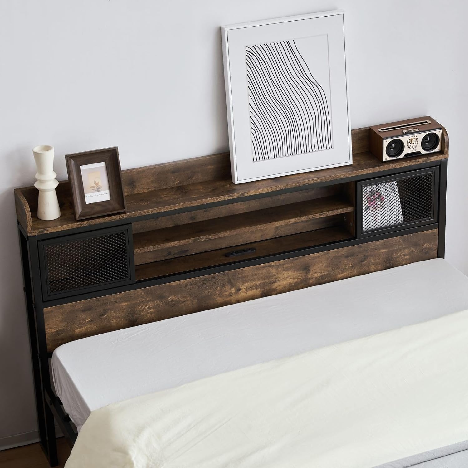 ダブルベッドフレーム パイプ＆木製 コンセント付き 宮付きデザイン 下