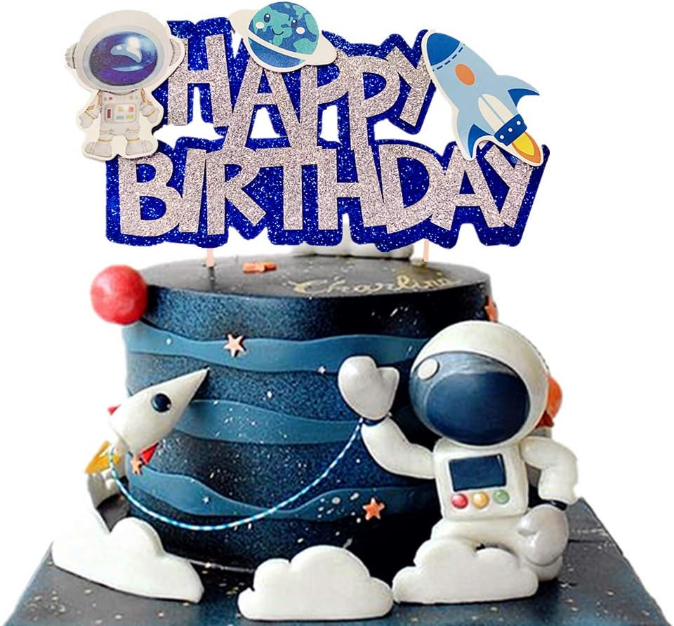 JeVenis Space Birthday Cake Topper - Cupcake & Rocket Decoration - Astronaut Cake Decoration