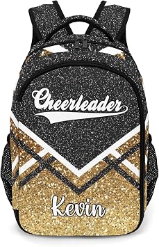 XOZOTY Black Gold Cheerleader Cheer Backpack Personalized with Name for Men Women Shoulder Bag Laptop Bag Bookbag
