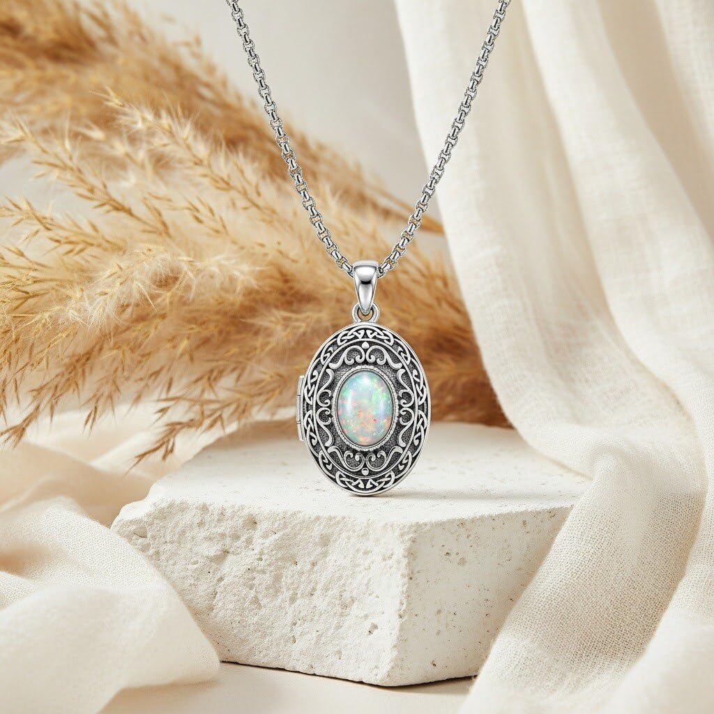 Locket Necklace 18K White Gold Plated Opal Locket Necklace that Holds Pictures Photo Personalized Memorial Jewelry Gifts for Women