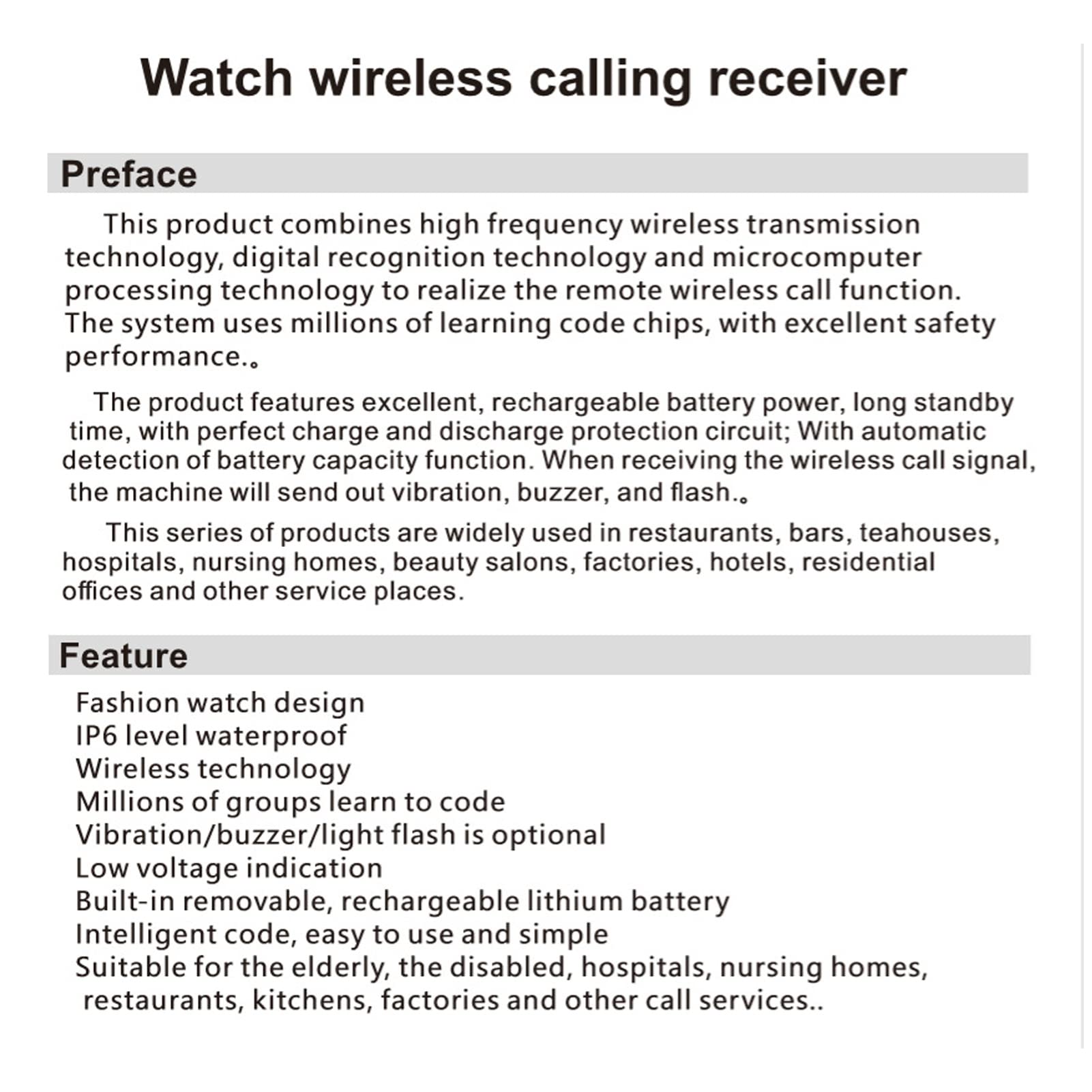 Bezprzewodowy system przywoływania Pager, bezprzewodowy odbiornik zegarka, system przywoływania pielęgniarek, ładowalny pager, w tym 1 wodoodporny zegarek opiekuna i 2 przyciski przywoływania (2 na 1)