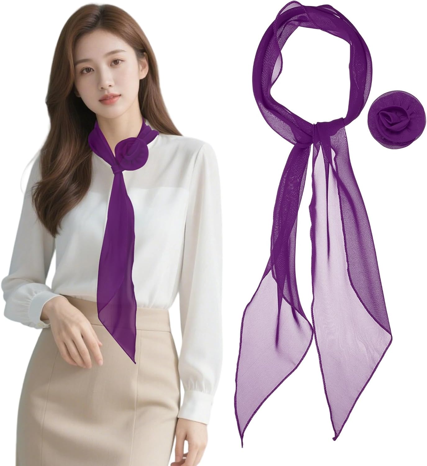 Chiffon Scarf for Women, Long Skinny Chiffon Neckerchief with Detachable Rose Flower Light Soft for Hair Ribbon