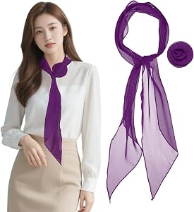 Chiffon Scarf for Women, Long Skinny Chiffon Neckerchief with Detachable Rose Flower Light Soft for Hair Ribbon