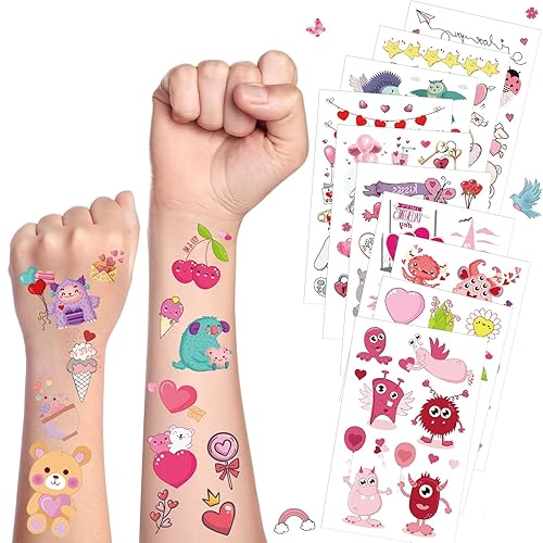 JUNEBRUSHS Tatuajes temporales para el día de San Valentín, 20 hojas de calcomanías de tatuaje de San Valentín para niños, repelentes al agua,
