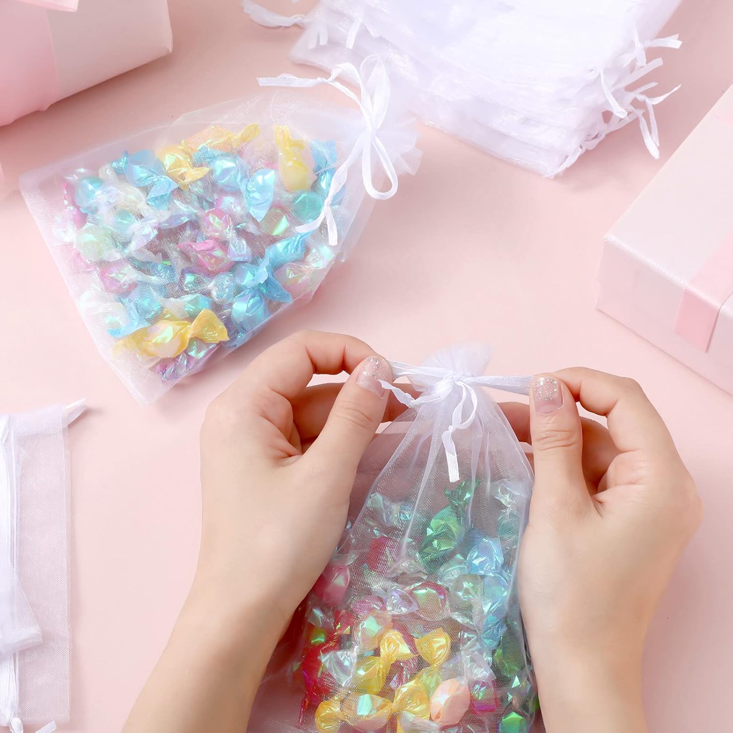 Hoolerry 500 Pcs Organza Gift Bags Jewelry Small Mesh Drawstring Sachet Wedding Favor Bracelet Bags for Packaging Jewelry Pouches Small Gifts(5 x 7 Inch,White)